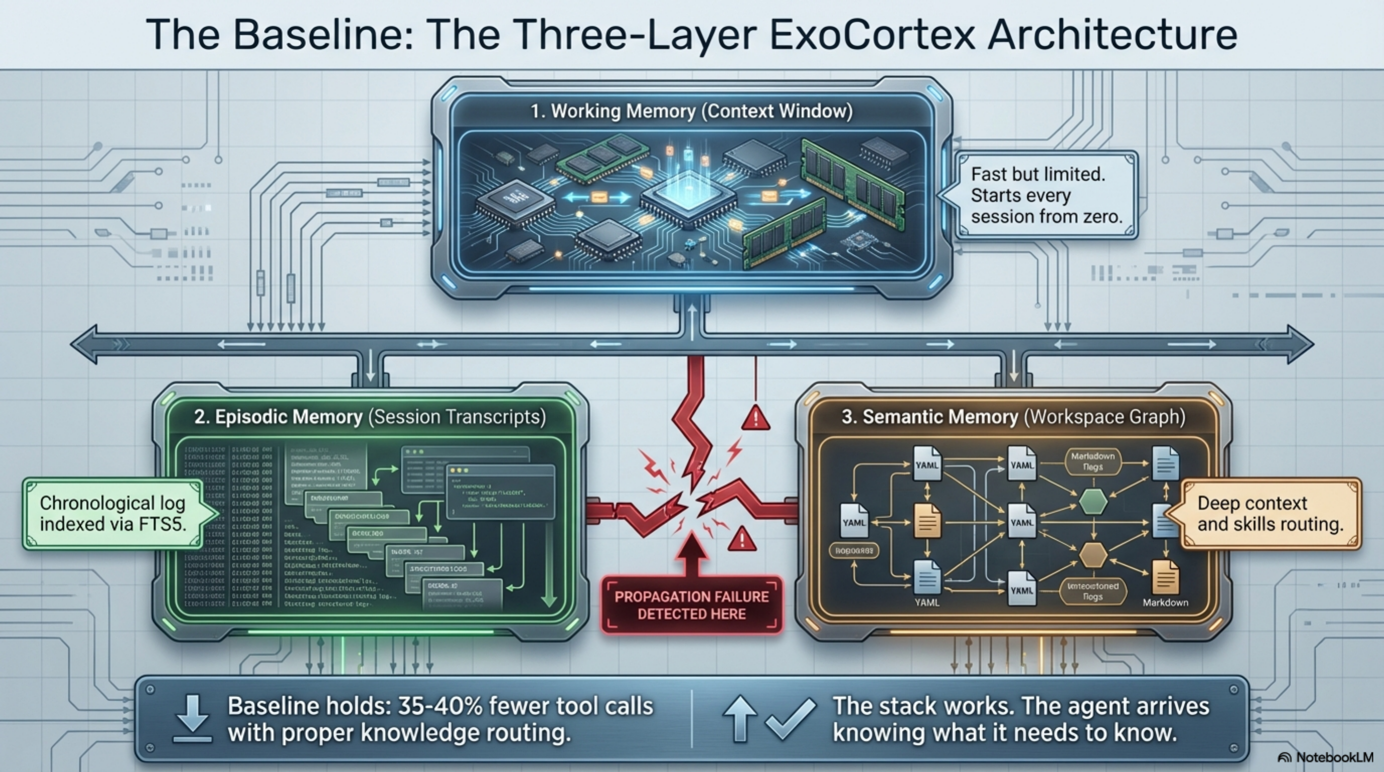 The Baseline: The Three-Layer ExoCortex Architecture — working memory (context window), episodic memory (session transcripts indexed via FTS5), semantic memory (workspace graph). Baseline holds: 35-40% fewer tool calls. Propagation failure detected here.