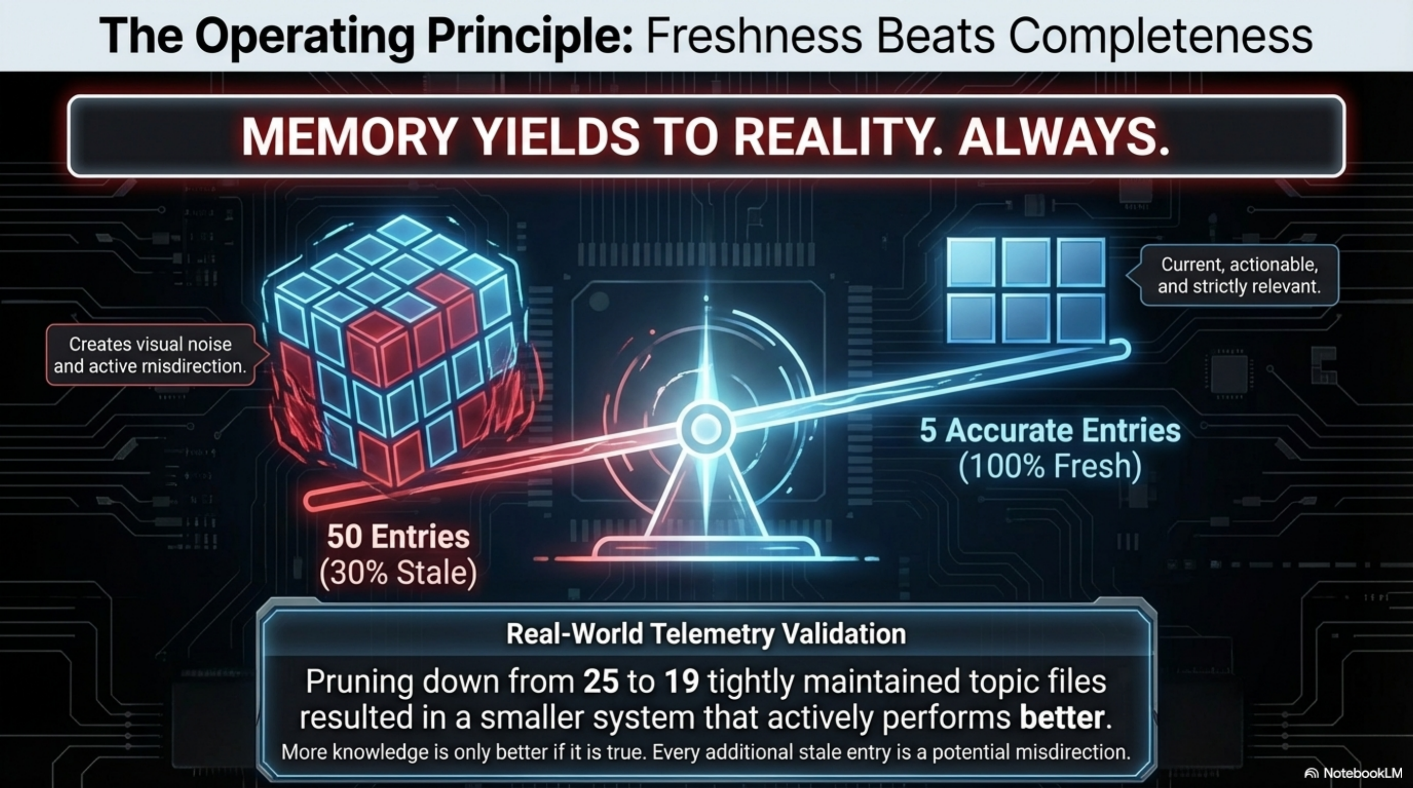 The Operating Principle: Freshness Beats Completeness — "Memory yields to reality. Always." 50 entries (30% stale) vs 5 accurate entries (100% fresh). Real-world validation: pruning from 25 to 19 tightly maintained topic files resulted in a smaller system that actively performs better.