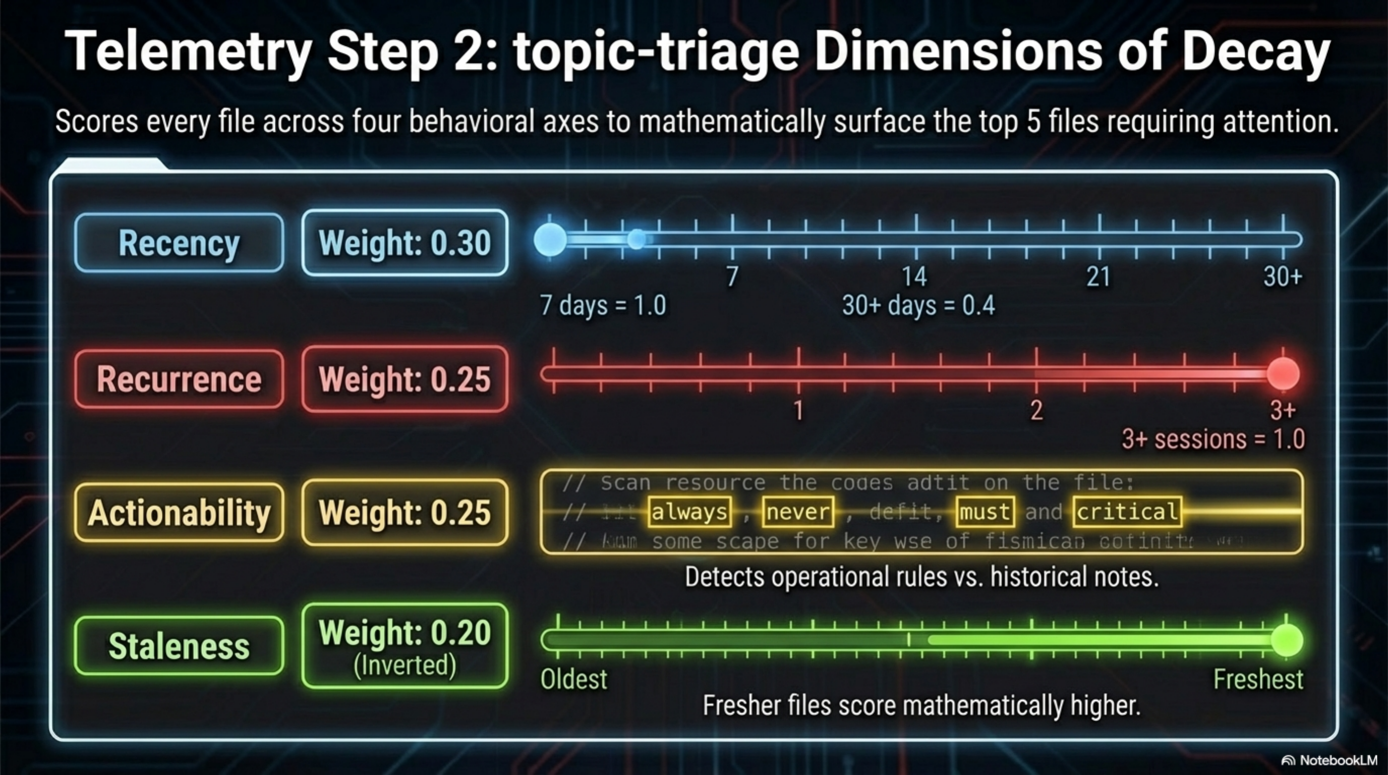 Telemetry Step 2: topic-triage Dimensions of Decay — Recency (0.30 weight): 7 days = 1.0, 30+ days = 0.4. Recurrence (0.25): 3+ sessions = 1.0. Actionability (0.25): detects operational rules vs. historical notes by scanning for "always", "never", "must", "critical". Staleness (0.20, inverted): fresher files score mathematically higher.