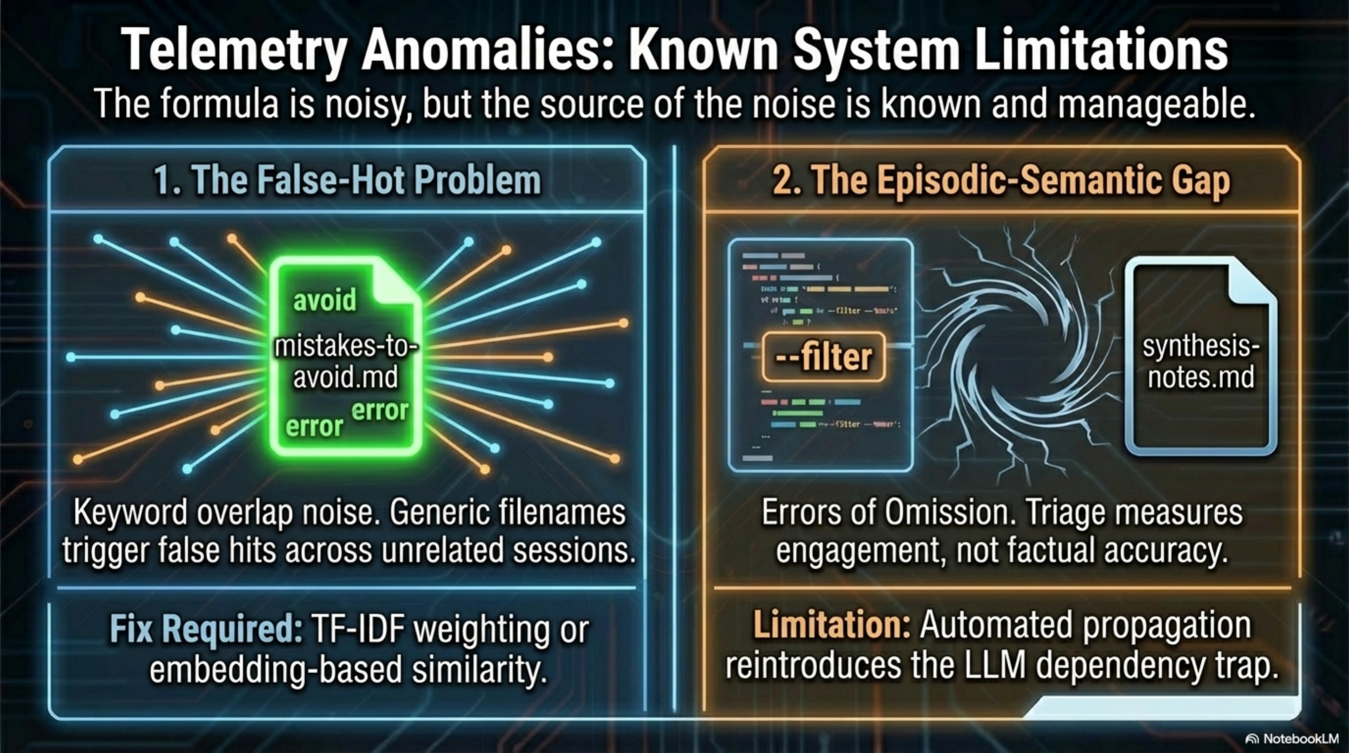 Telemetry Anomalies: Known System Limitations — (1) The False-Hot Problem: keyword overlap noise, generic filenames trigger false hits across unrelated sessions, fix requires TF-IDF weighting or embedding-based similarity. (2) The Episodic-Semantic Gap: errors of omission, triage measures engagement not factual accuracy, automated propagation reintroduces the LLM dependency trap.