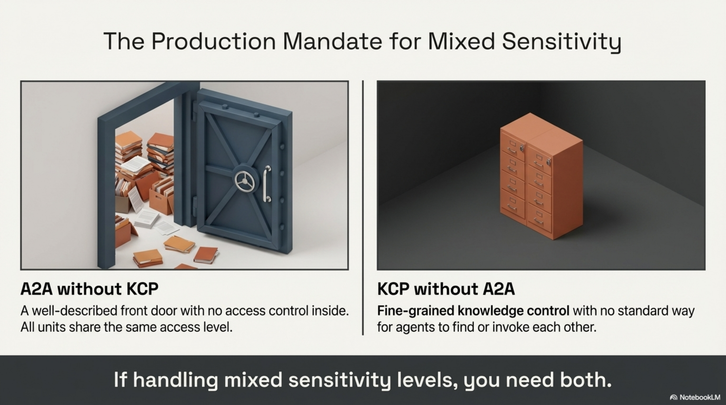 The Production Mandate: A2A without KCP vs KCP without A2A — if handling mixed sensitivity levels, you need both