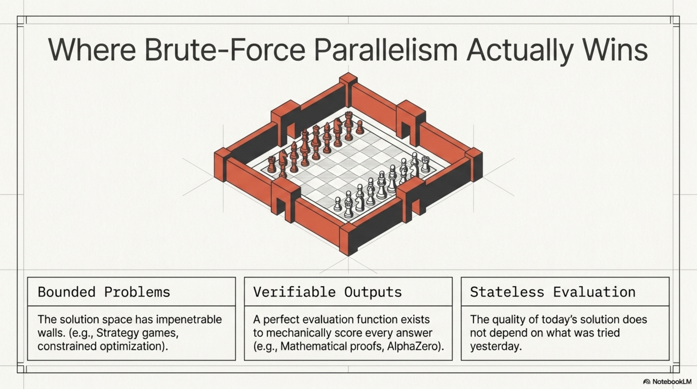 Where brute-force parallelism actually wins — bounded problems like chess fit inside the box; production engineering does not