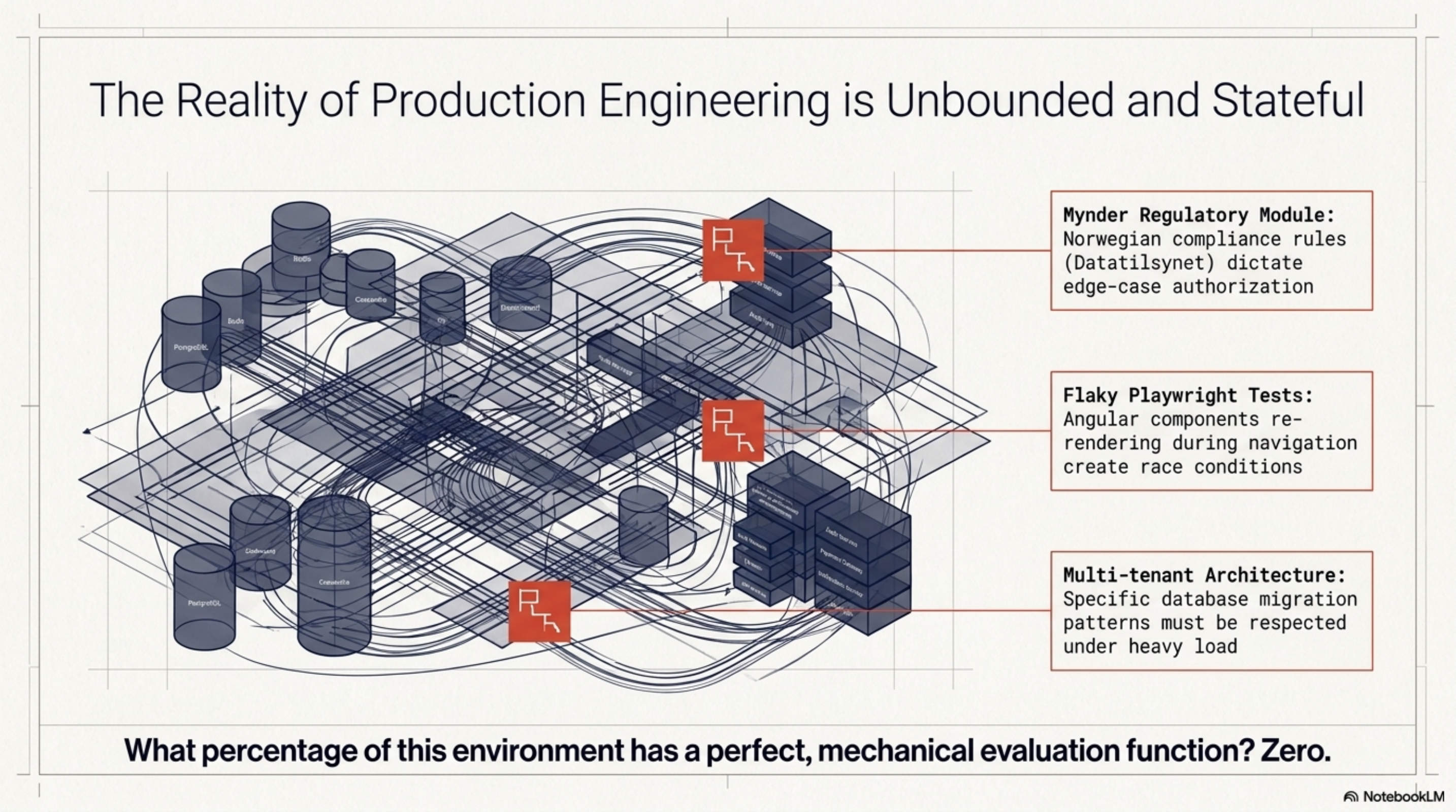 The reality of production engineering is unbounded and stateful — Norwegian compliance rules, Angular race conditions, multi-tenant DB migration patterns. What percentage has a perfect evaluation function? Zero.