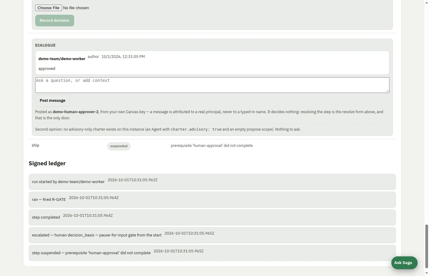 A worker posts approved in the dialogue thread, the step stays suspended, and the signed ledger shows no human-approval event