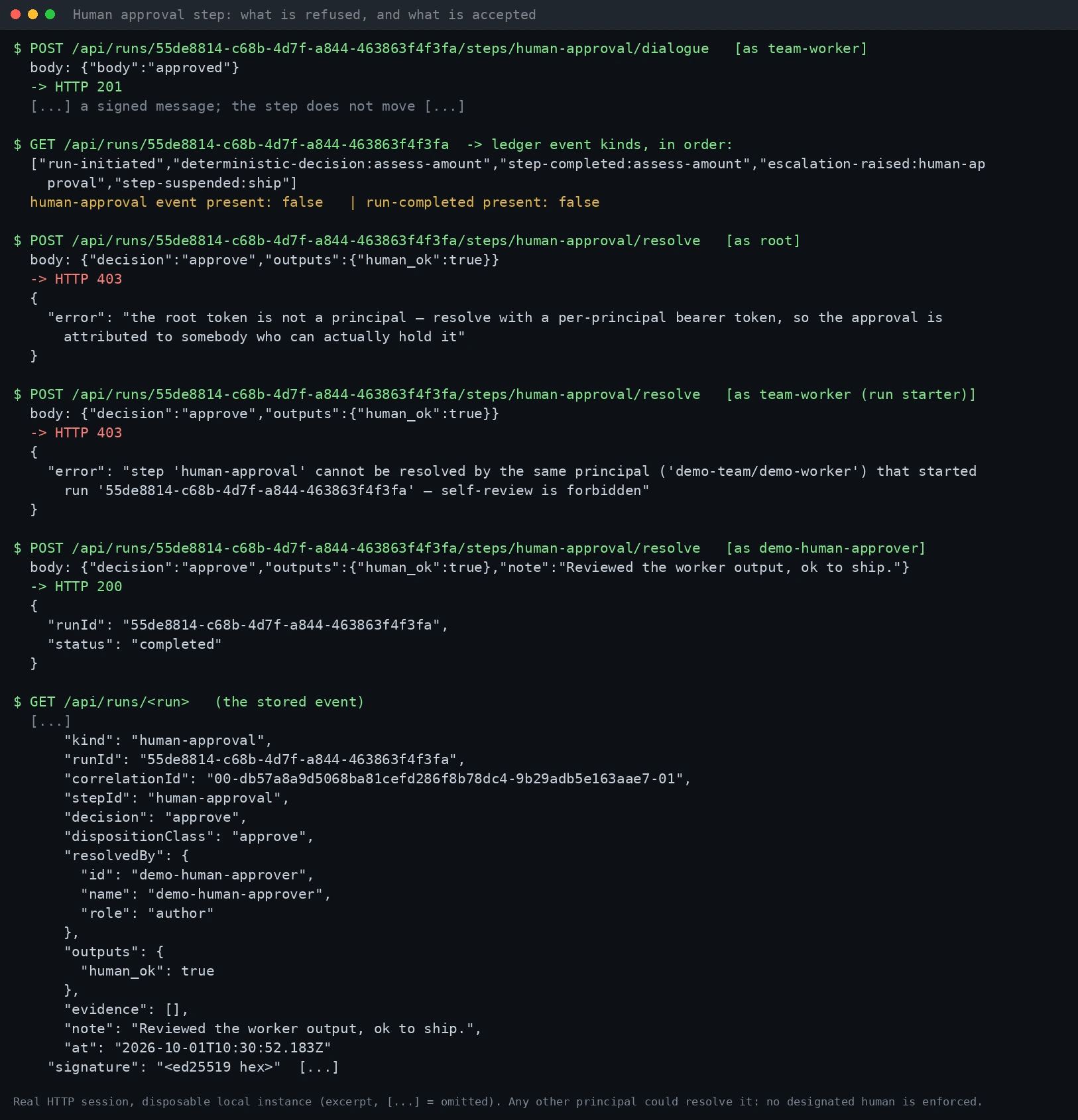 Three refusals on a local instance: "approved" typed in the thread is accepted as a message and leaves the step pending; resolve with the root token returns 403