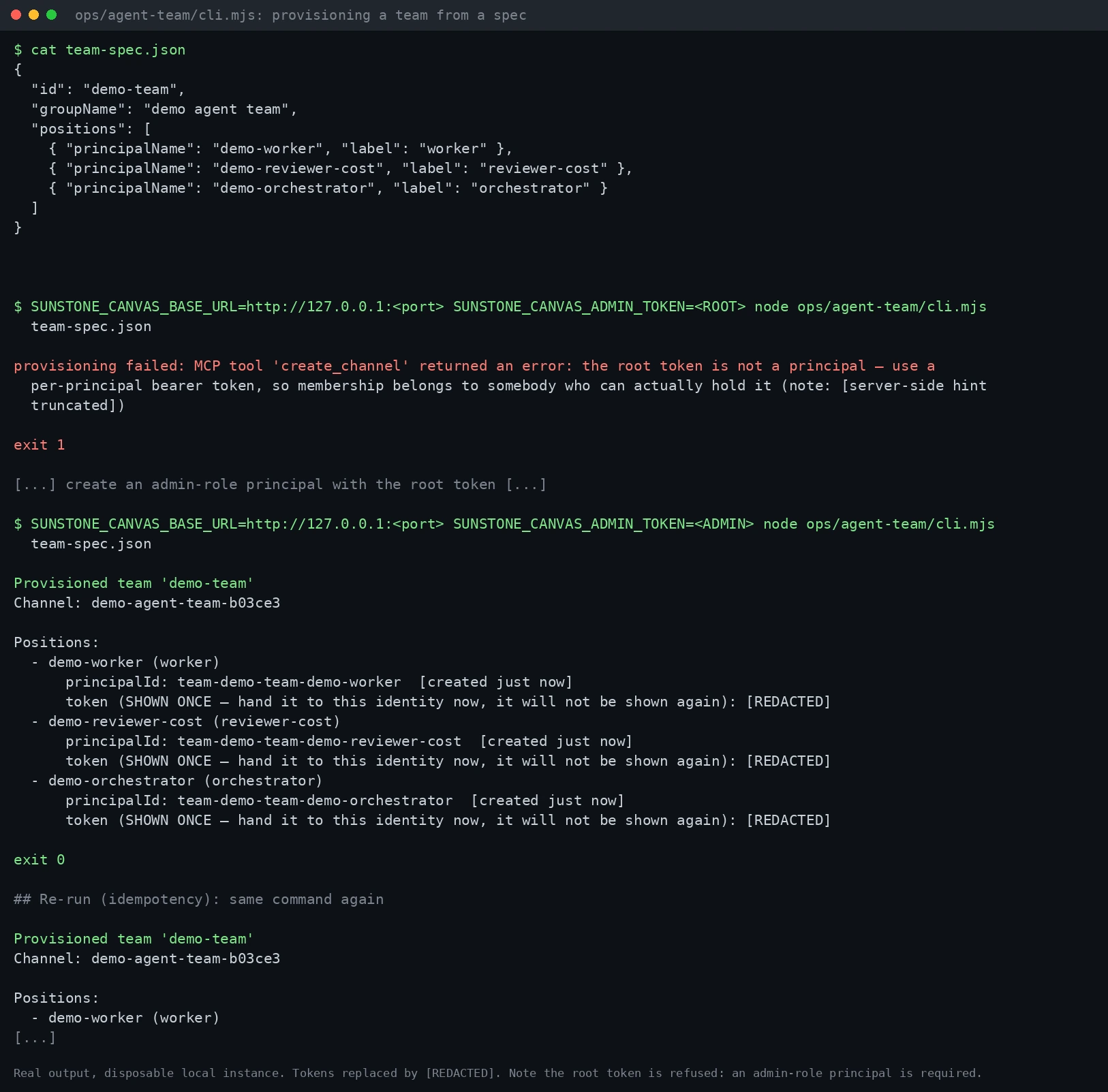 Terminal: node cli.mjs team-spec.json on a disposable local Canvas, tokens redacted.