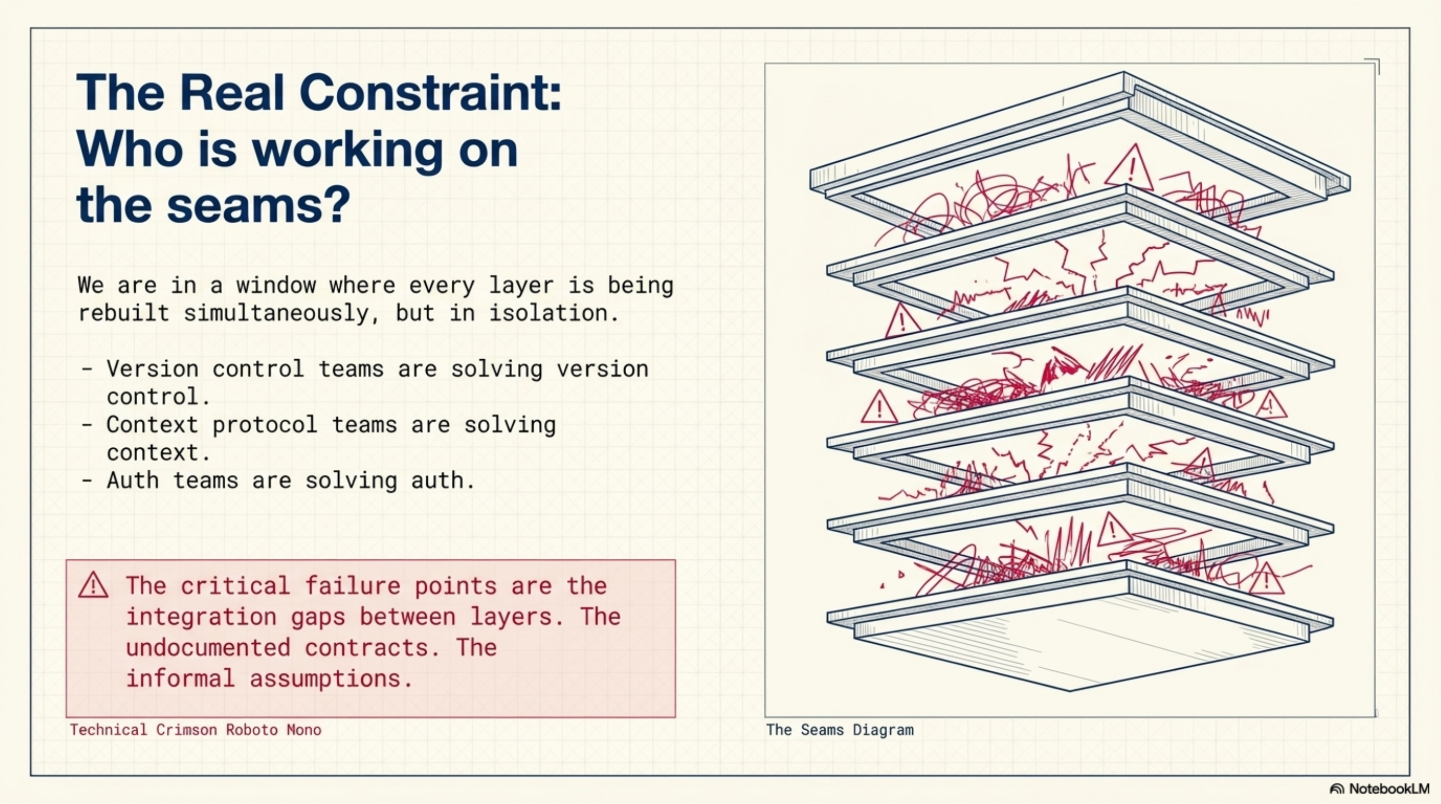 The Real Constraint: Who is working on the seams? The critical failure points are the integration gaps between layers — the undocumented contracts and informal assumptions.