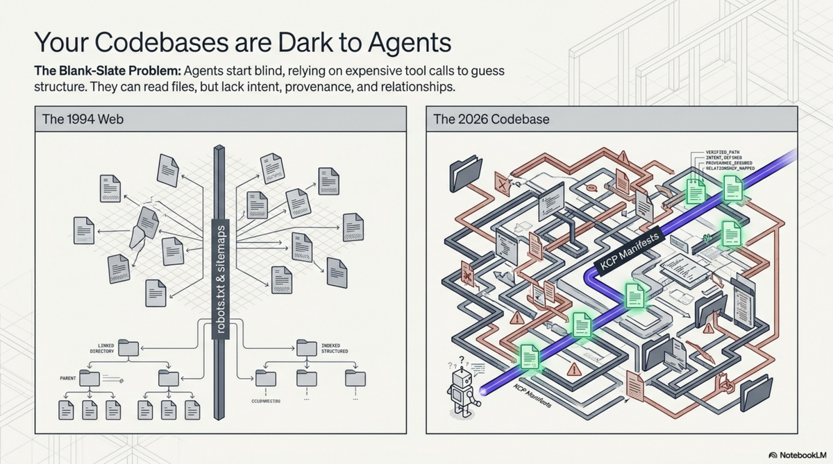 Your Codebases are Dark to Agents — the 1994 Web had robots.txt and sitemaps; the 2026 codebase has nothing equivalent for agents