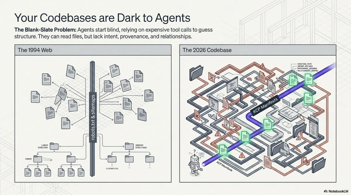 Your Codebases are Dark to Agents — the 1994 Web had robots.txt and sitemaps; the 2026 codebase has nothing equivalent for agents