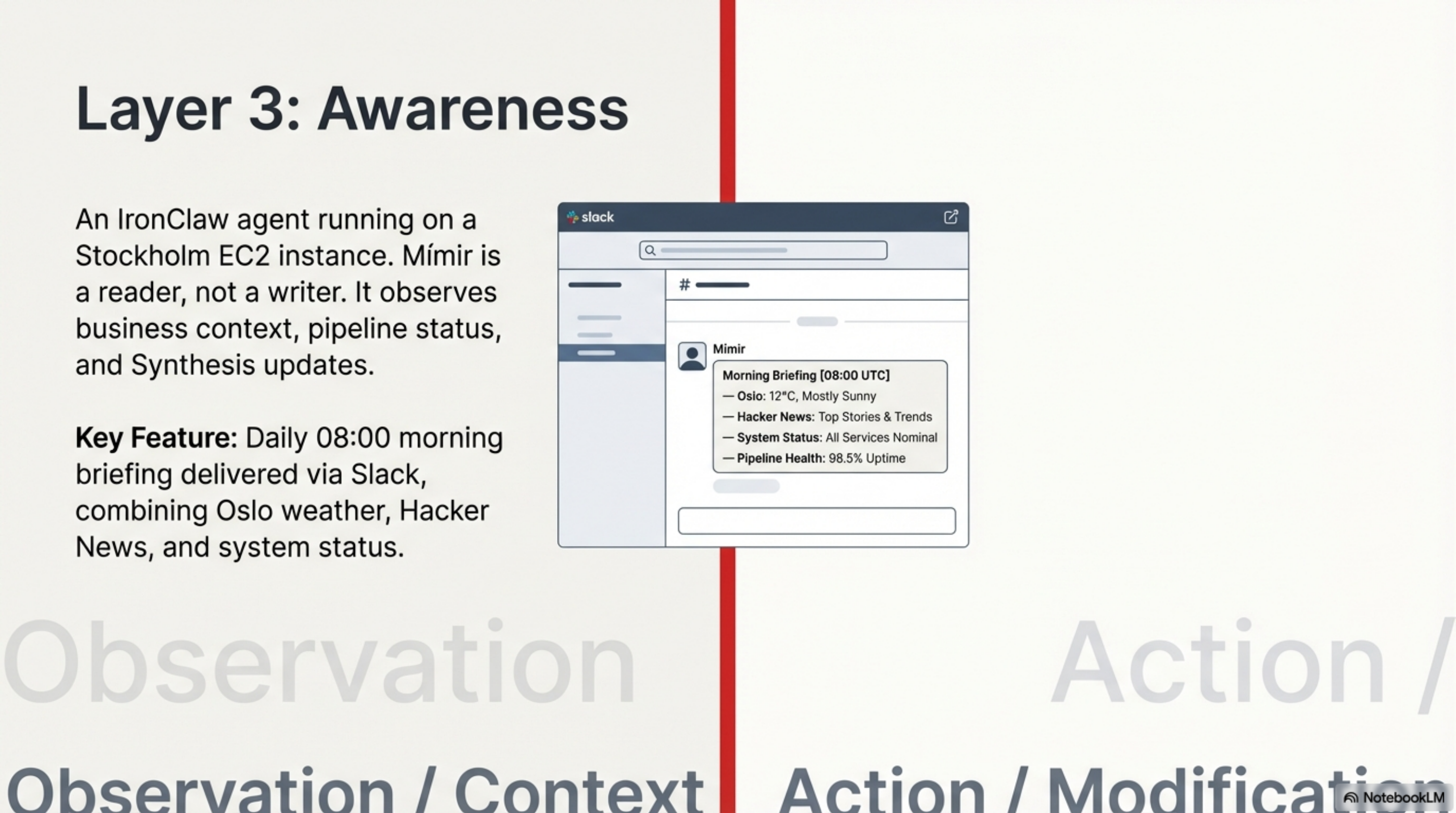 Layer 3: Awareness — Slack Mímir morning briefing, Observation/Context vs Action/Modification boundary