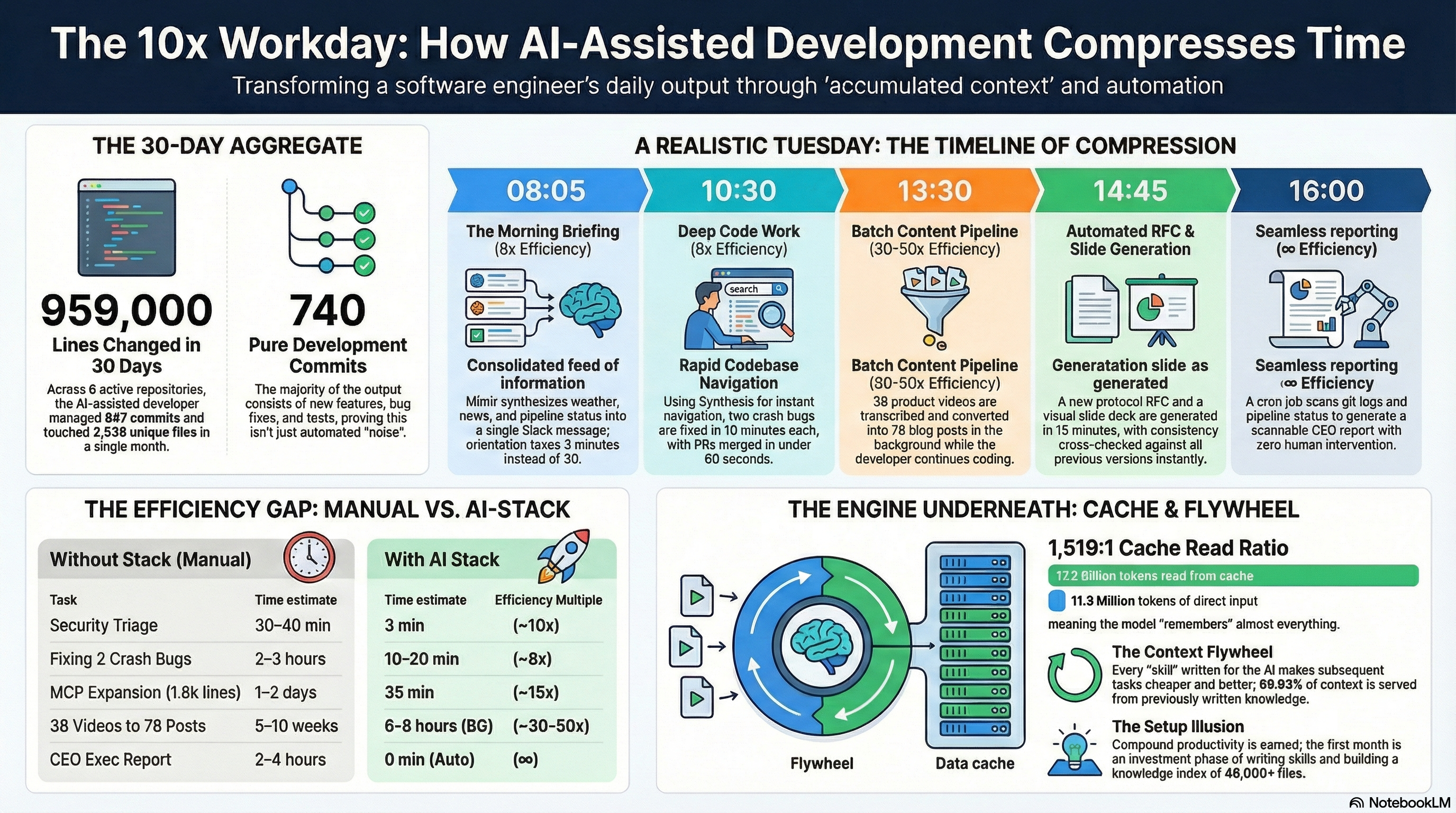 The 10x Workday: How AI-Assisted Development Compresses Time — full summary infographic