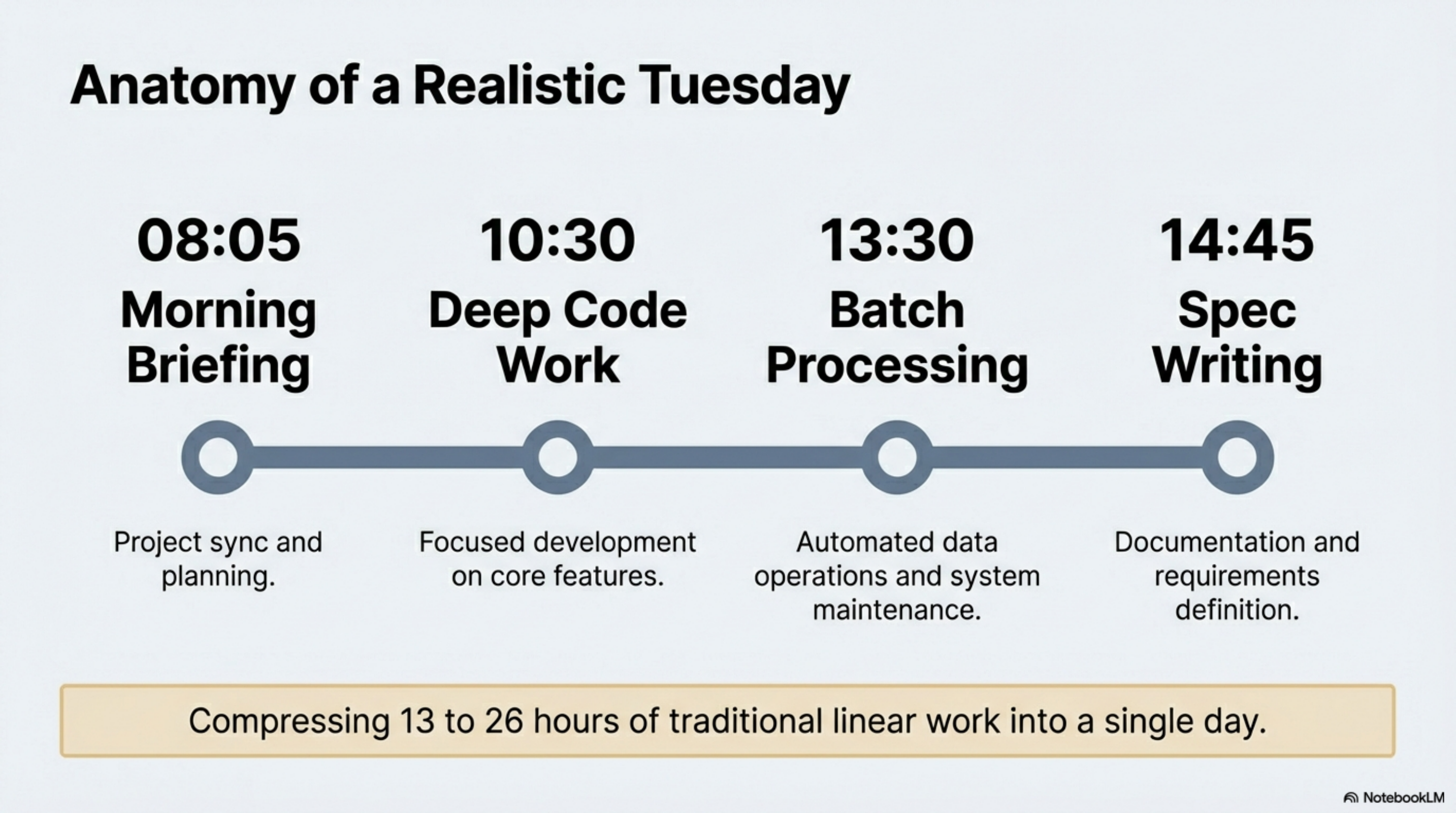 Anatomy of a Realistic Tuesday: 08:05 Morning Briefing → 10:30 Deep Code Work → 13:30 Batch Processing → 14:45 Spec Writing — compressing 13 to 26 hours into one day