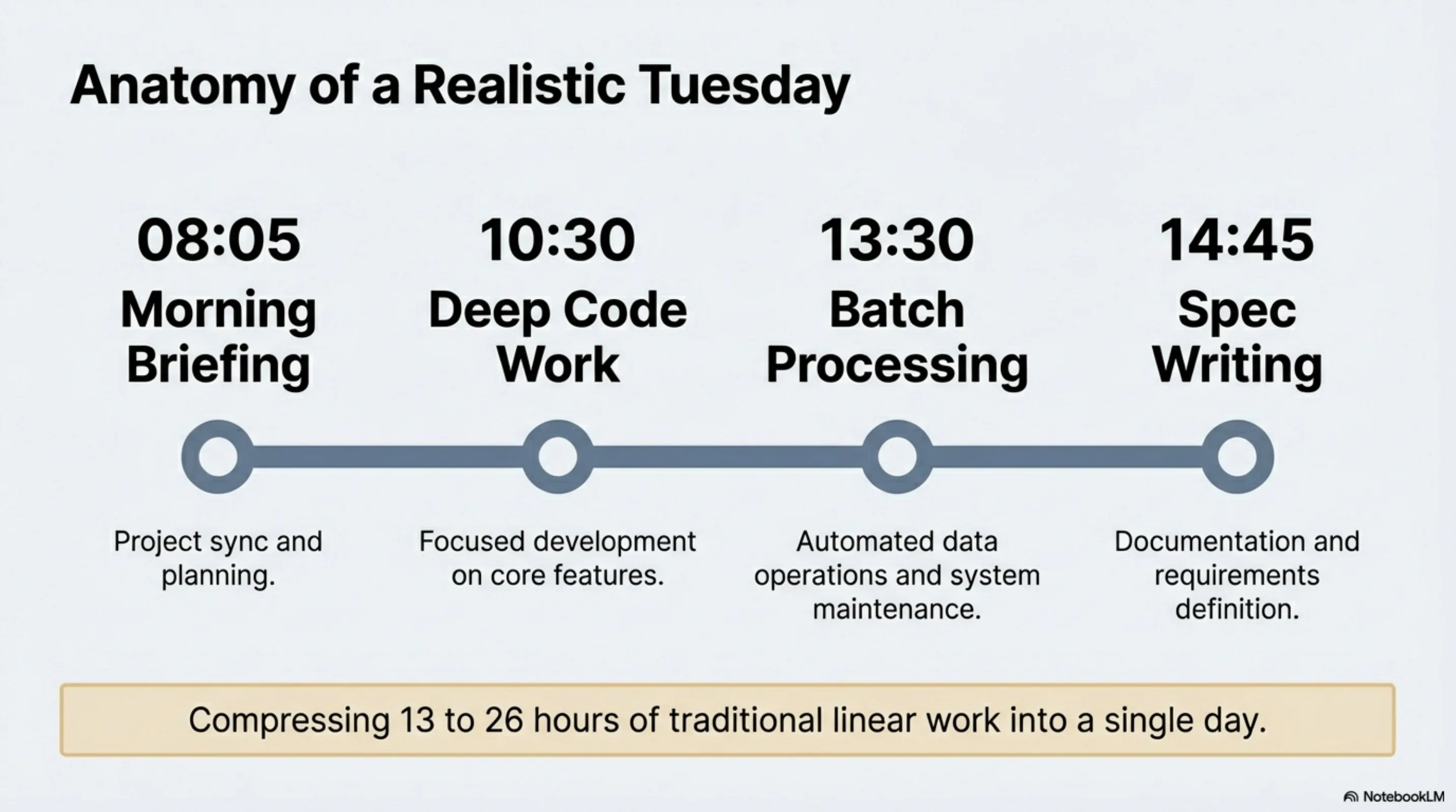 Anatomy of a Realistic Tuesday: 08:05 Morning Briefing → 10:30 Deep Code Work → 13:30 Batch Processing → 14:45 Spec Writing — compressing 13 to 26 hours into one day