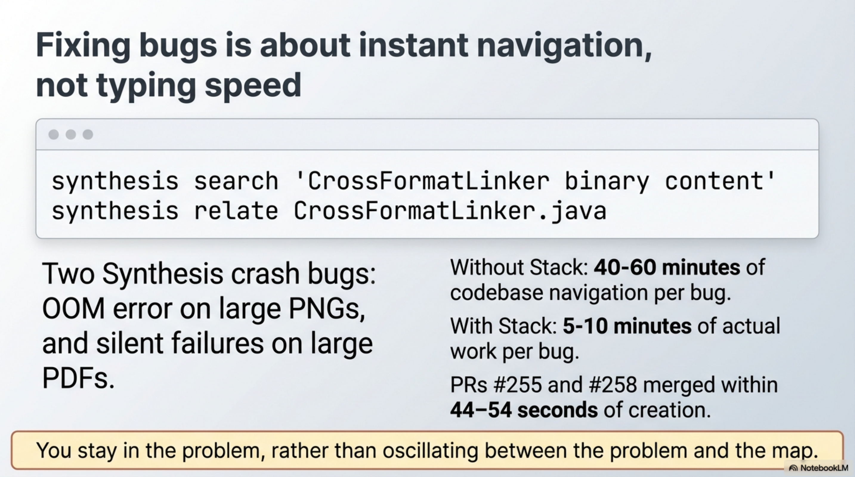 Fixing bugs is about instant navigation, not typing speed: synthesis search + relate → 5–10 min actual work, PRs #255 and #258 merged within 44–54 seconds of creation