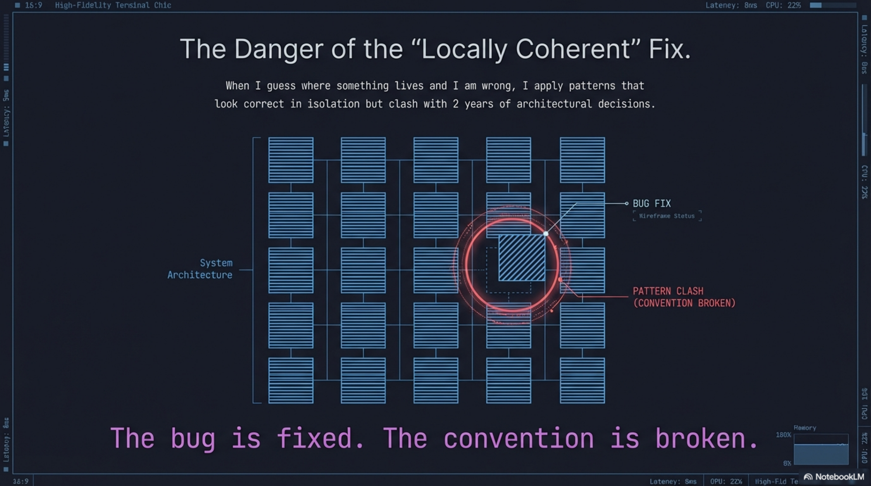 The Danger of the 'Locally Coherent' Fix: grid of system architecture with PATTERN CLASH circle around a bug fix that broke conventions