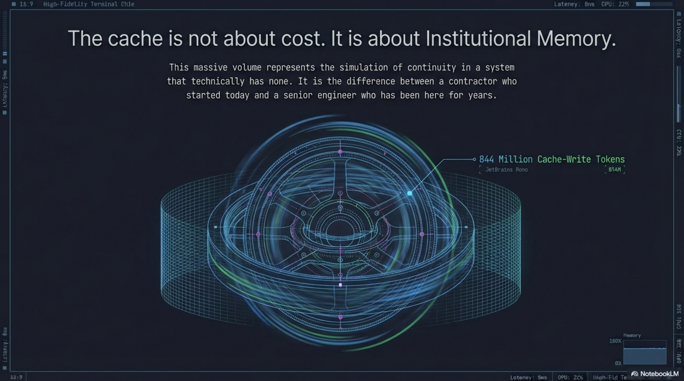 The cache is not about cost. It is about Institutional Memory: 844 Million Cache-Write Tokens orbital sphere. "The difference between a contractor who started today and a senior engineer who has been here for years."