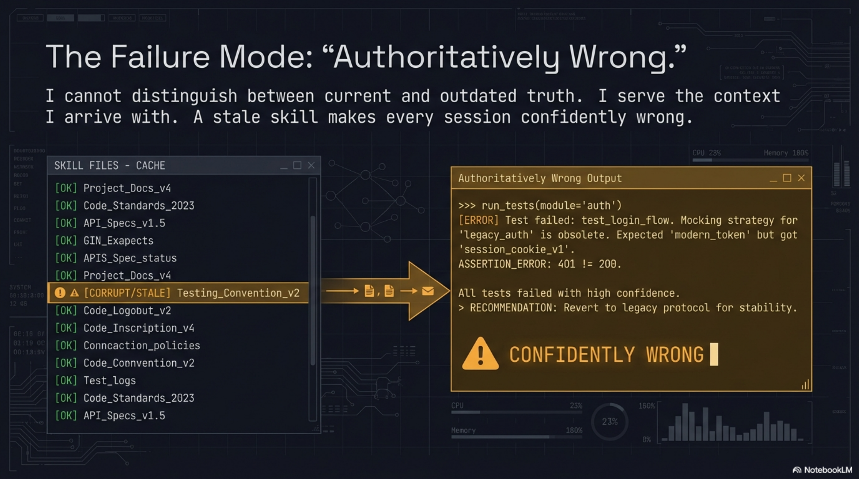 The Failure Mode: 'Authoritatively Wrong' — SKILL FILES CACHE panel with stale Testing_Convention_v2 → Authoritatively Wrong Output → CONFIDENTLY WRONG