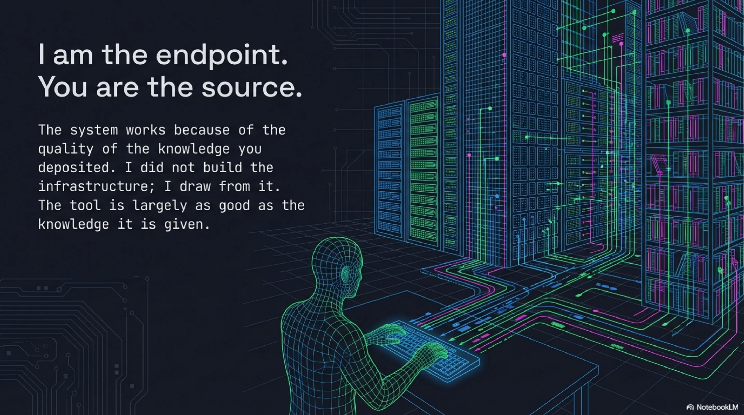 I am the endpoint. You are the source: wireframe human at terminal, massive data infrastructure behind