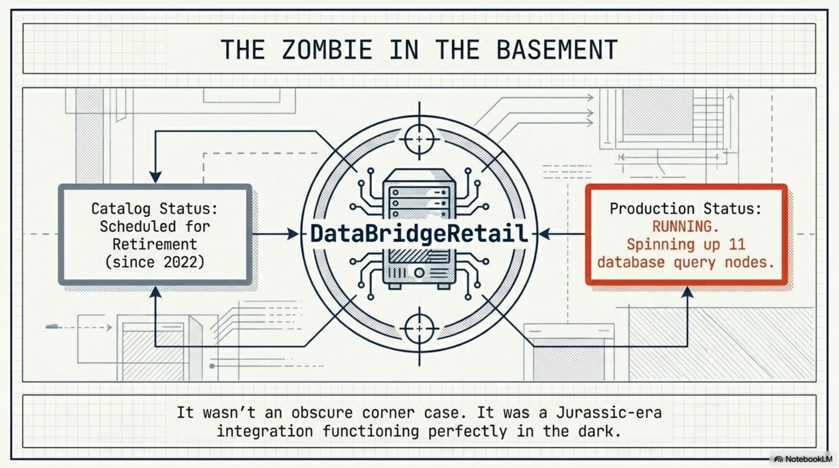 The Zombie in the Basement — DataBridgeRetail: Catalog Status: Scheduled for Retirement (since 2022) vs Production Status: RUNNING, spinning up 11 database nodes.