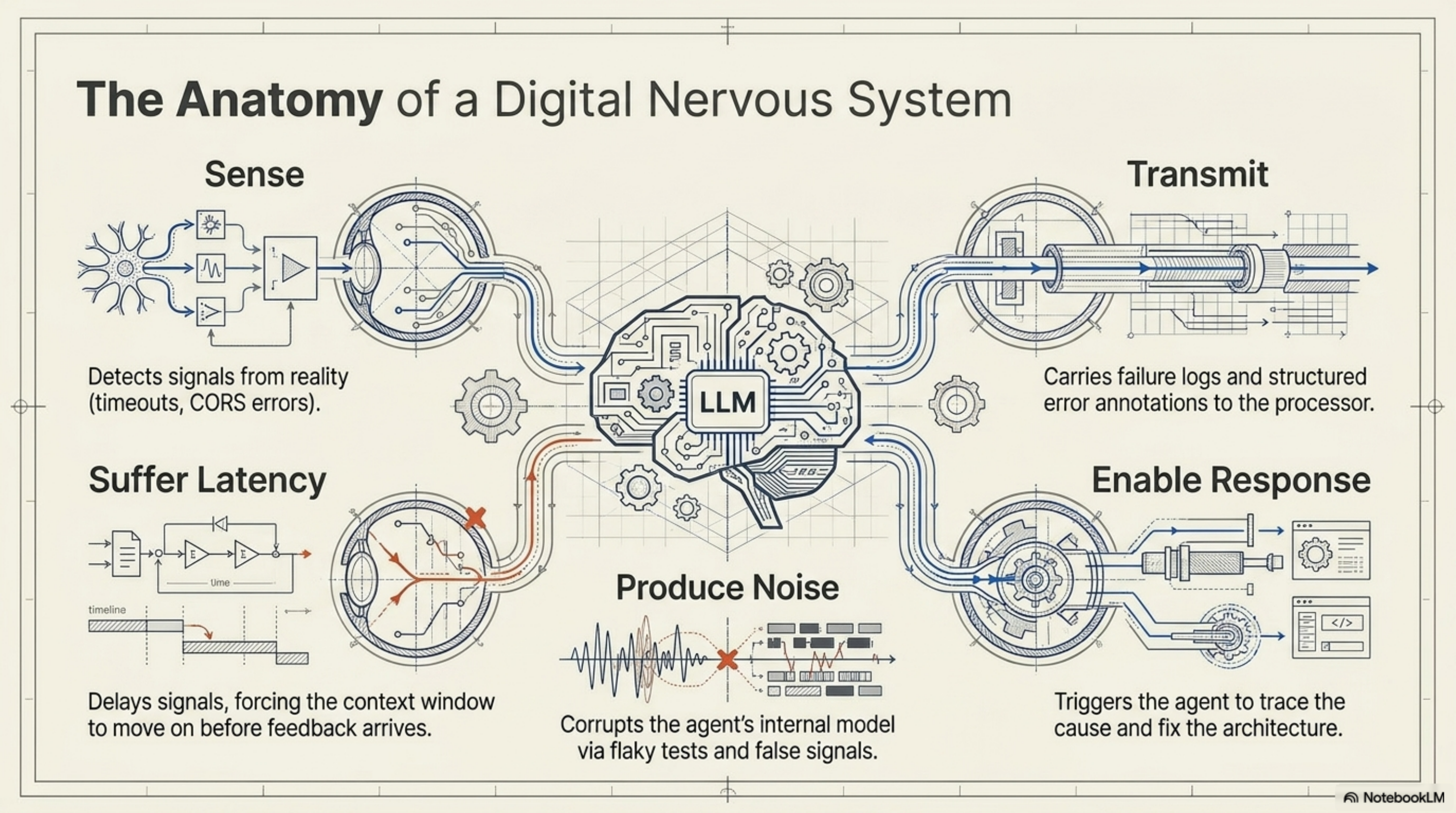 The Anatomy of a Digital Nervous System — Sense (detects signals from reality: timeouts, CORS errors), Transmit (carries failure logs and structured error annotations to the processor), Enable Response (triggers agent to trace cause and fix architecture), Suffer Latency (delays signals, forcing context window to move on before feedback arrives), Produce Noise (corrupts agent's internal model via flaky tests and false signals)