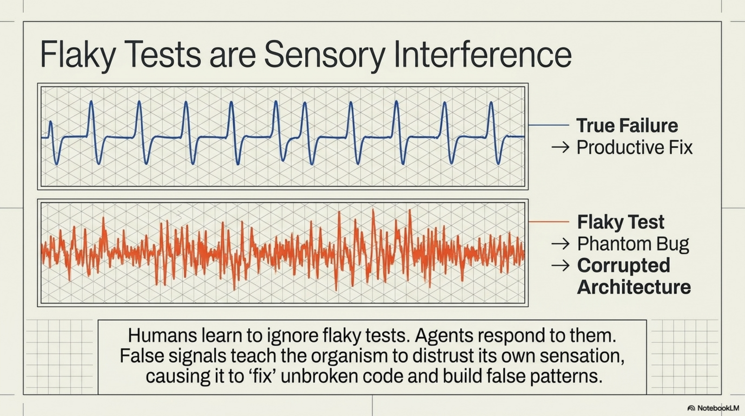 Flaky Tests are Sensory Interference — oscilloscope comparison: true failure (clean blue waveform) leads to productive fix; flaky test (corrupted red waveform) leads to phantom bug and corrupted architecture. Humans learn to ignore flaky tests; agents respond to them, causing false patterns to propagate.