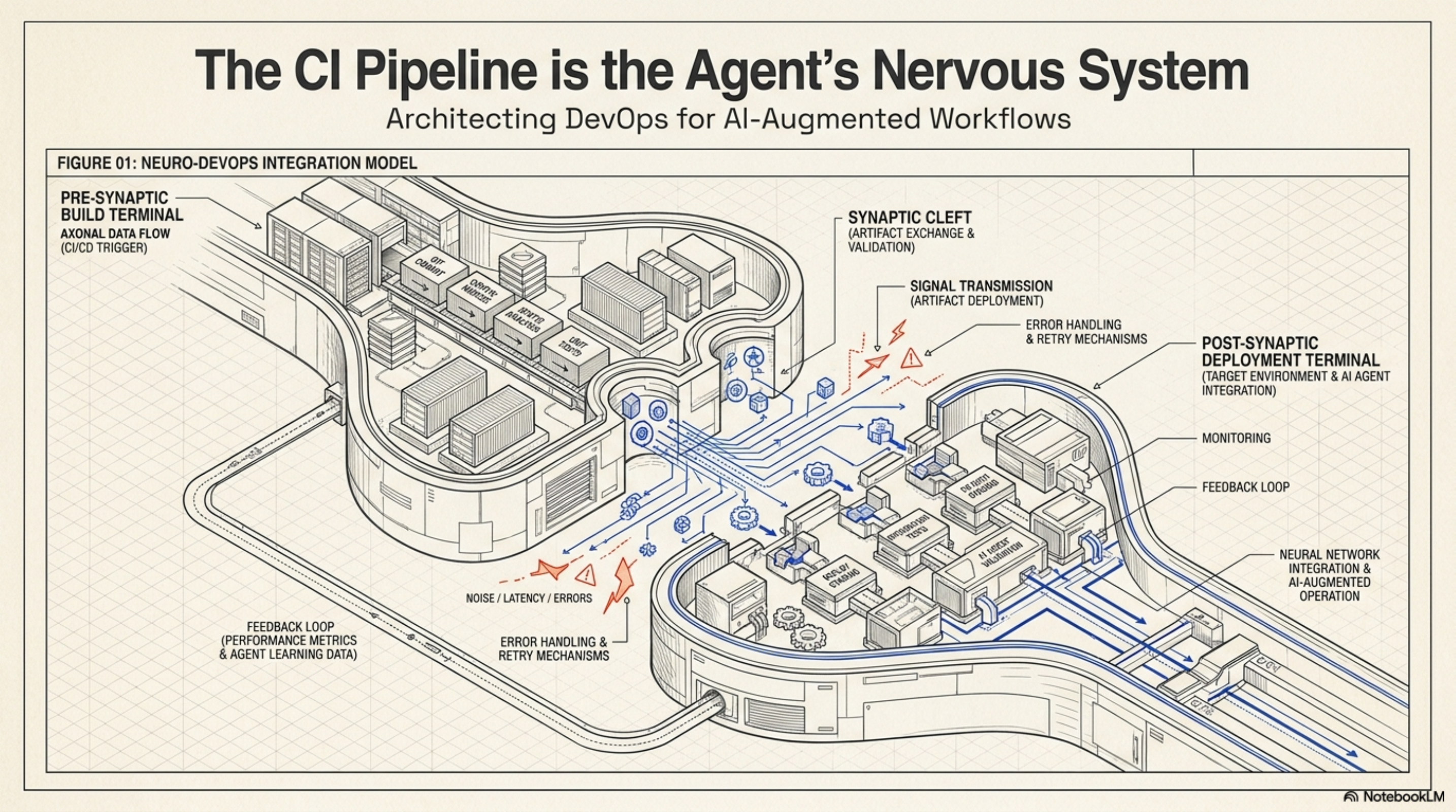 The CI Pipeline is the Agent's Nervous System — Neuro-DevOps Integration Model blueprint showing pre-synaptic build terminal, signal transmission, synaptic cleft, post-synaptic deployment terminal, and feedback loop to the AI agent brain