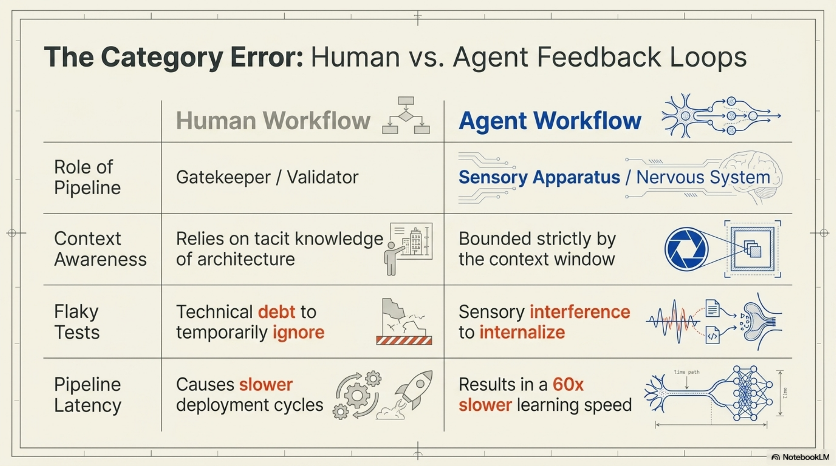 The Category Error: Human vs. Agent Feedback Loops — comparison table showing Role of Pipeline (gatekeeper/validator vs. sensory apparatus/nervous system), Context Awareness (tacit knowledge vs. bounded by context window), Flaky Tests (technical debt to ignore vs. sensory interference to internalize), Pipeline Latency (slower deployment vs. 60x slower learning speed)