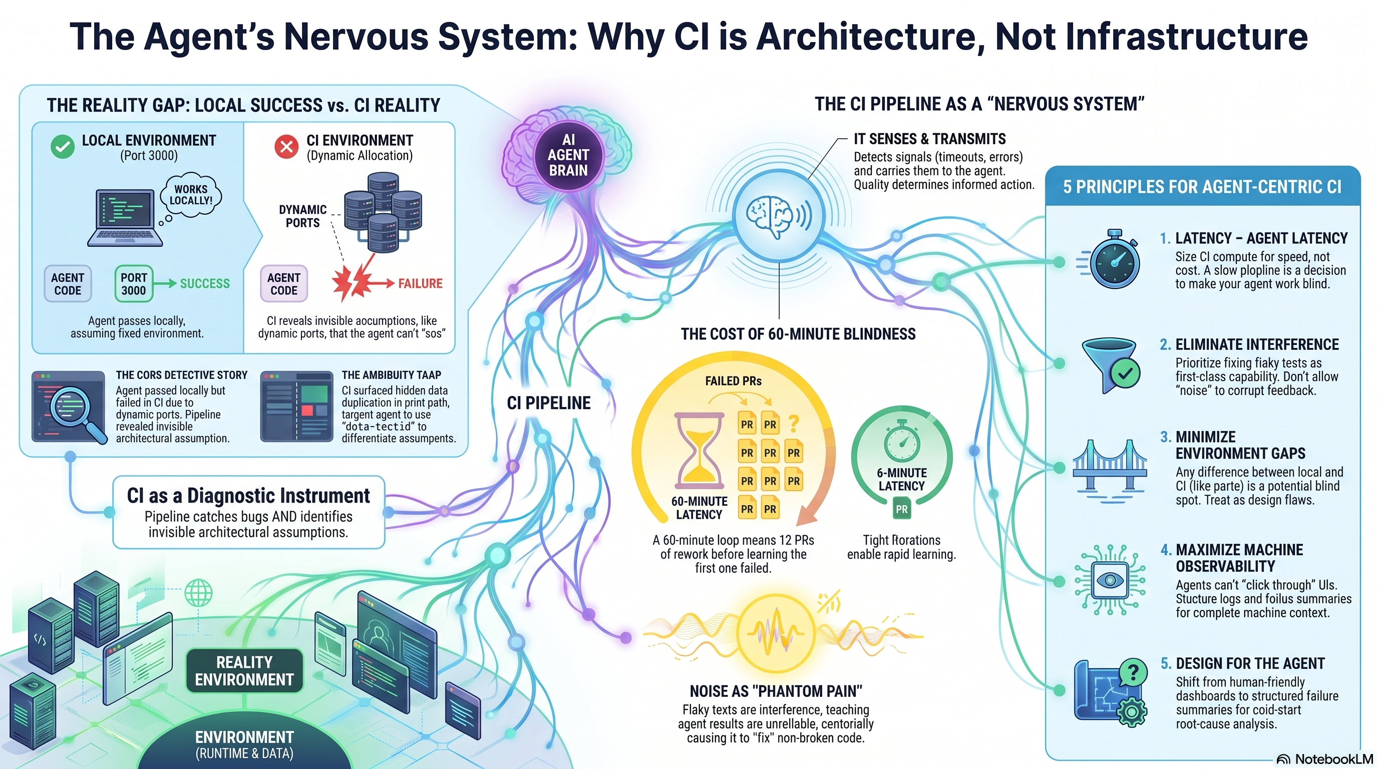 The Agent's Nervous System: Why CI is Architecture, Not Infrastructure — full overview infographic covering the reality gap, CORS detective story, ambiguity trap, CI as diagnostic instrument, five agent-centric CI principles, latency cascade, and flaky tests as phantom pain