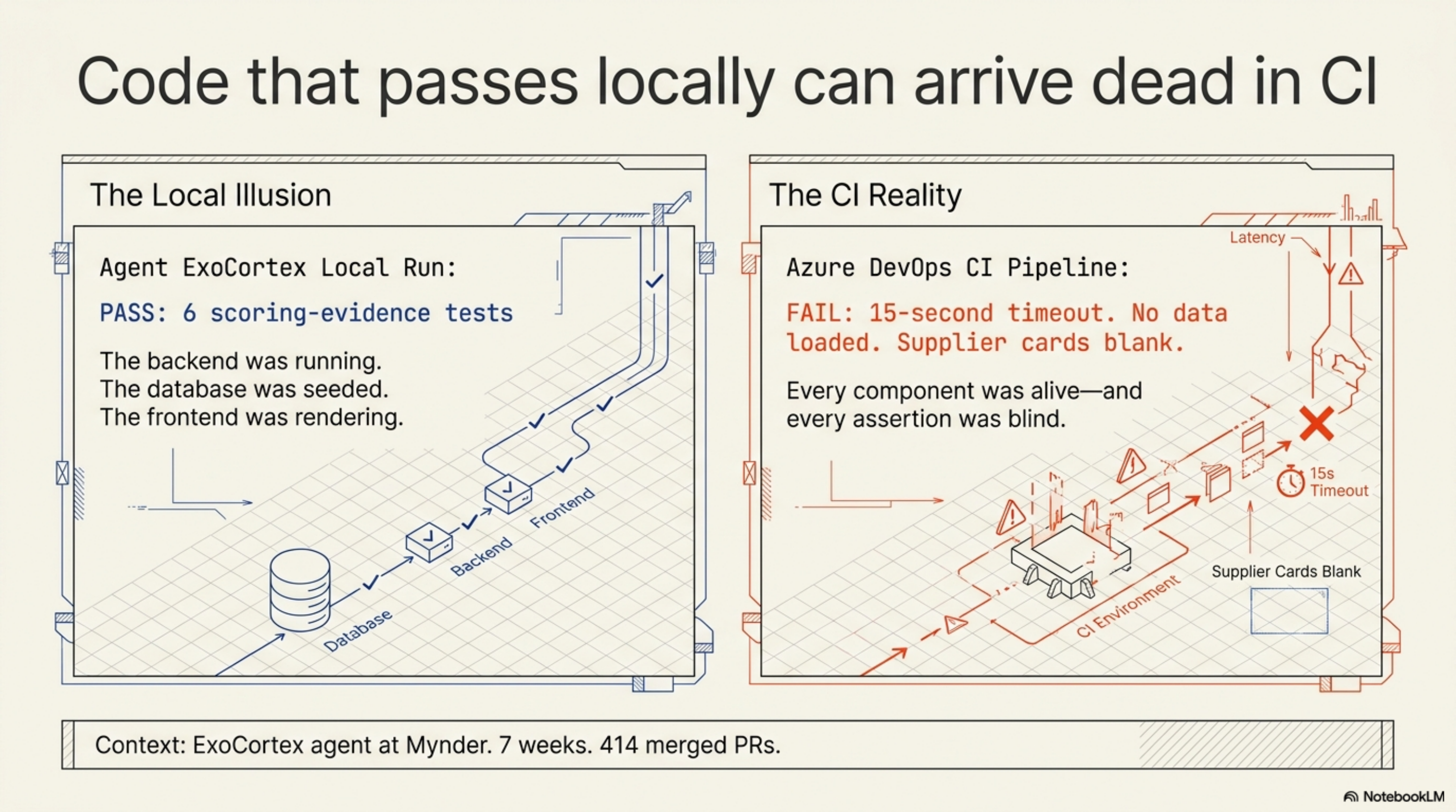 Code that passes locally can arrive dead in CI — The Local Illusion (ExoCortex pass, 6 tests green) vs. the CI Reality (Azure DevOps 15-second timeout, supplier cards blank, every assertion blind)