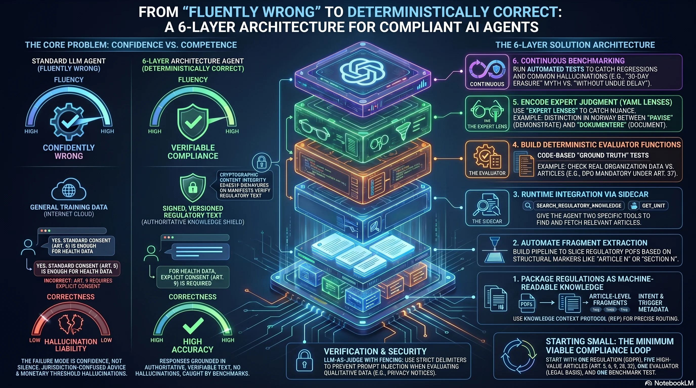 From Hallucinations to Regulatory Ground Truth: Building Compliant AI Agents -- architecture infographic showing the 6-step pipeline from regulatory PDFs to continuous benchmarking