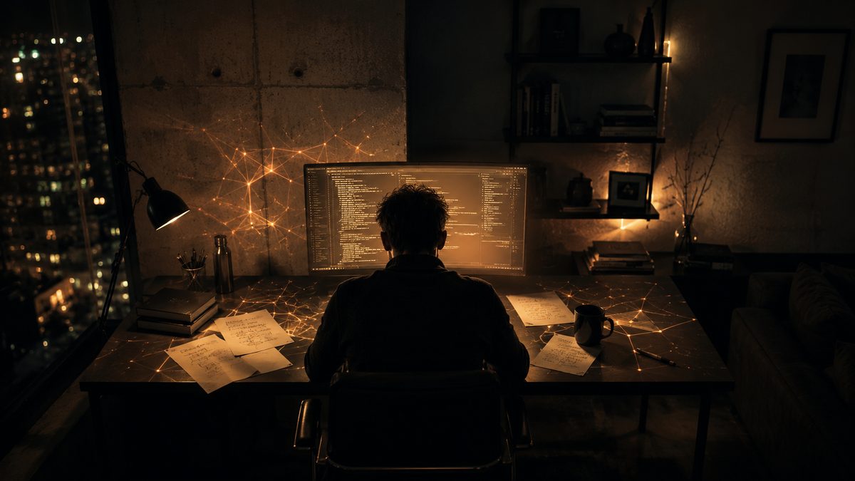 A developer at their desk, knowledge network nodes glowing through the dark