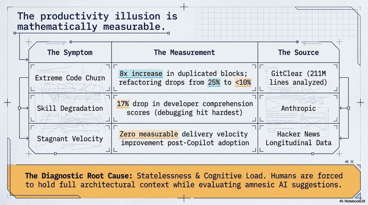 The productivity illusion is mathematically measurable — code churn, skill degradation, stagnant velocity