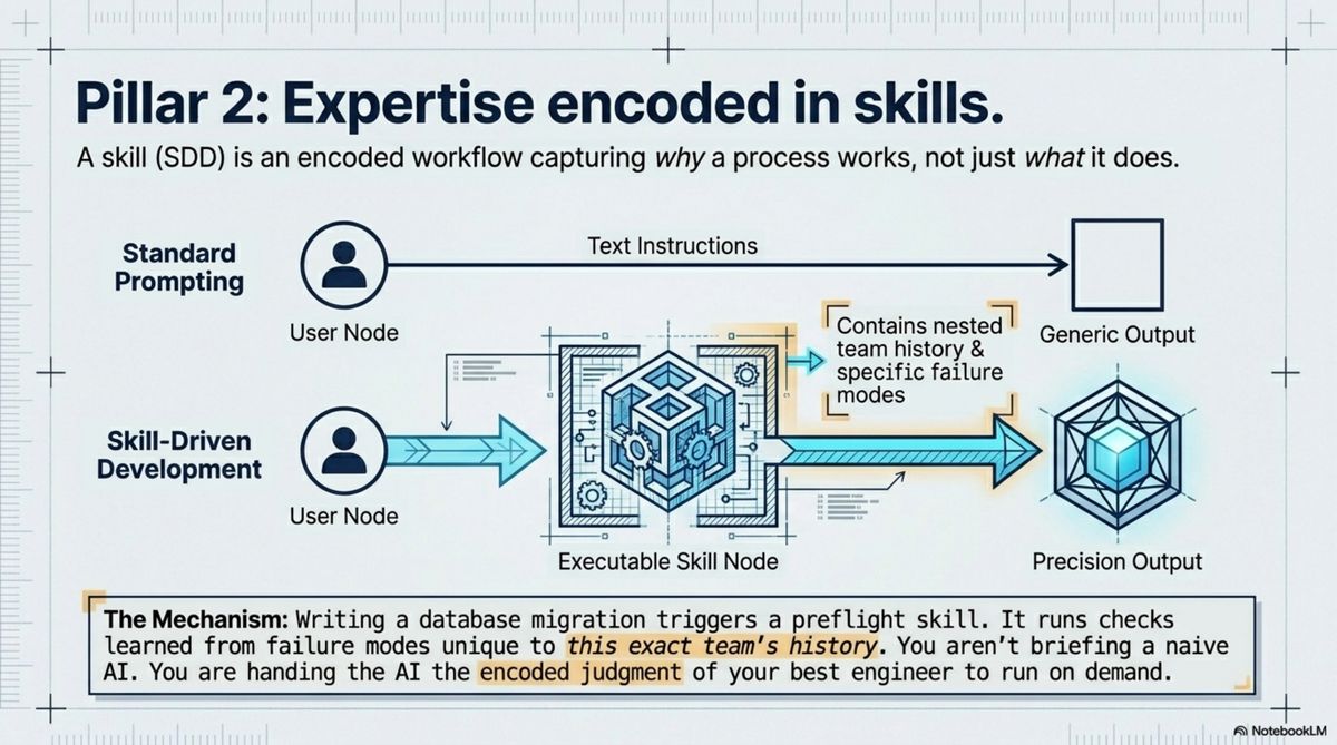 Expertise encoded in skills — standard prompting vs. Skill-Driven Development