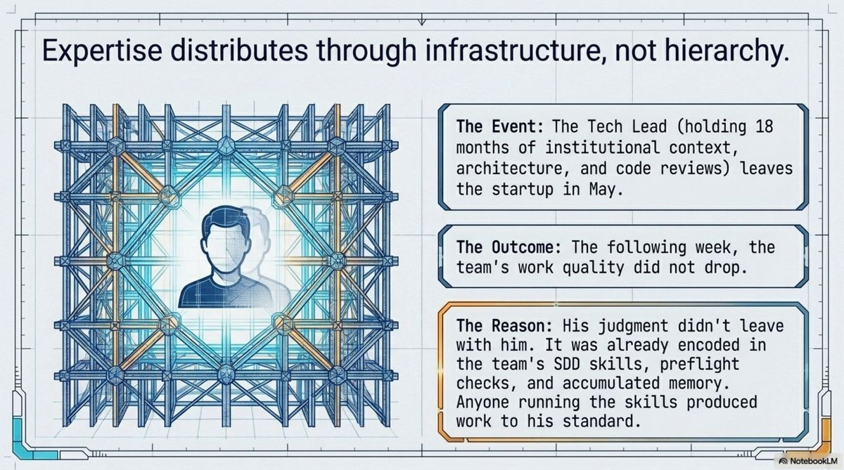 Expertise distributes through infrastructure, not hierarchy — the tech lead departure that changed nothing