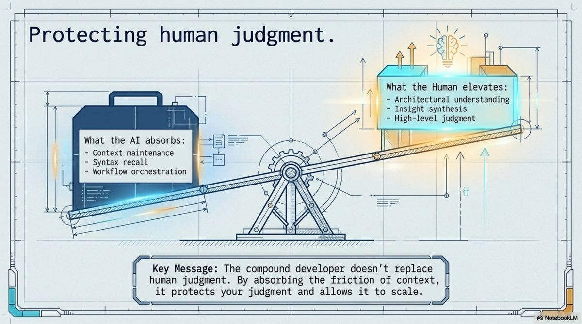 Protecting human judgment — AI absorbs context and syntax; humans elevate to architectural understanding and insight synthesis