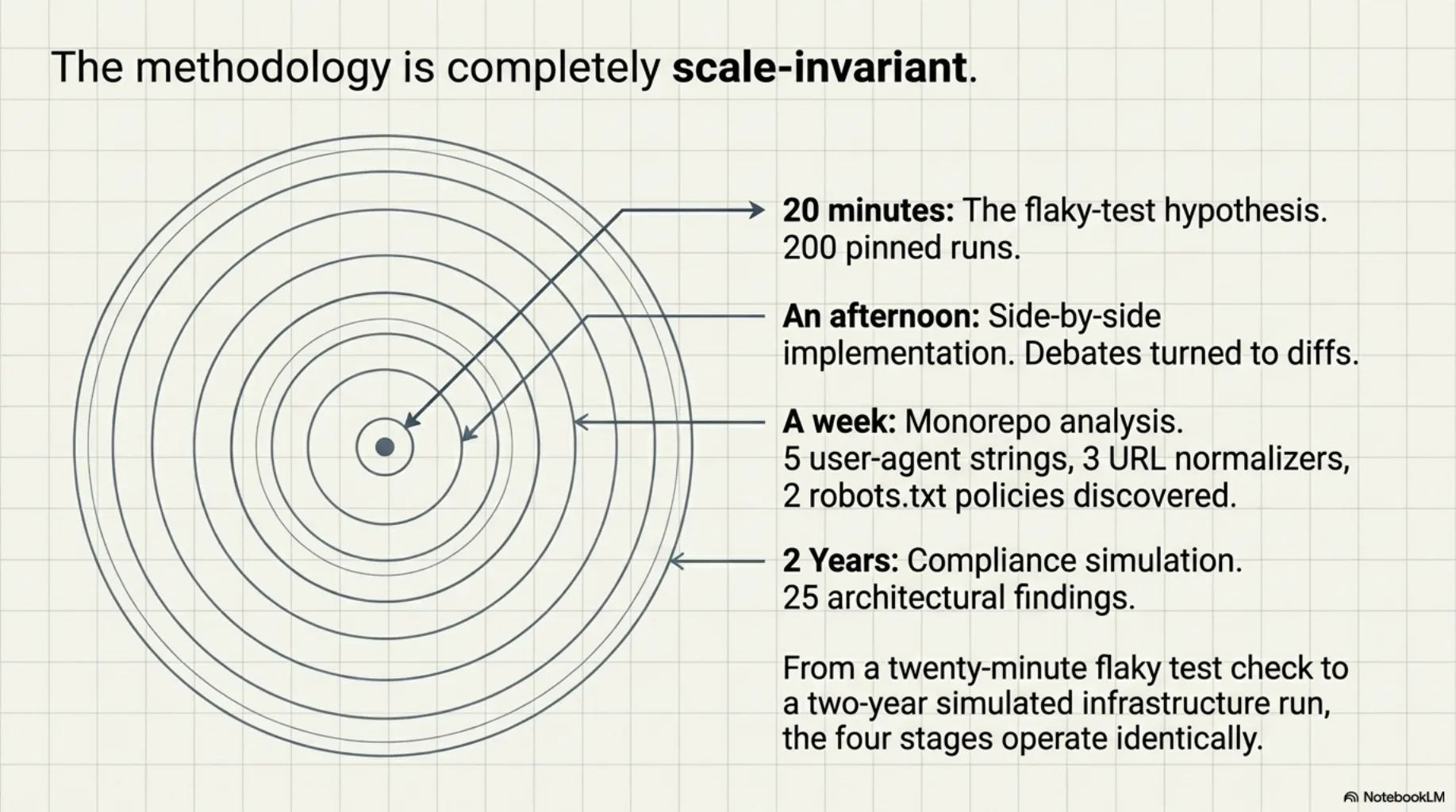 The methodology is completely scale-invariant. Concentric rings labeled outward: 20 minutes — the flaky-test hypothesis, 200 pinned runs; an afternoon — side-by-side implementation, debates turned to diffs; a week — monorepo analysis, five user-agent strings, three URL normalizers, two robots.txt policies discovered; two years — compliance simulation, 25 architectural findings. From a twenty-minute flaky-test check to a two-year simulated infrastructure run, the four stages operate identically.