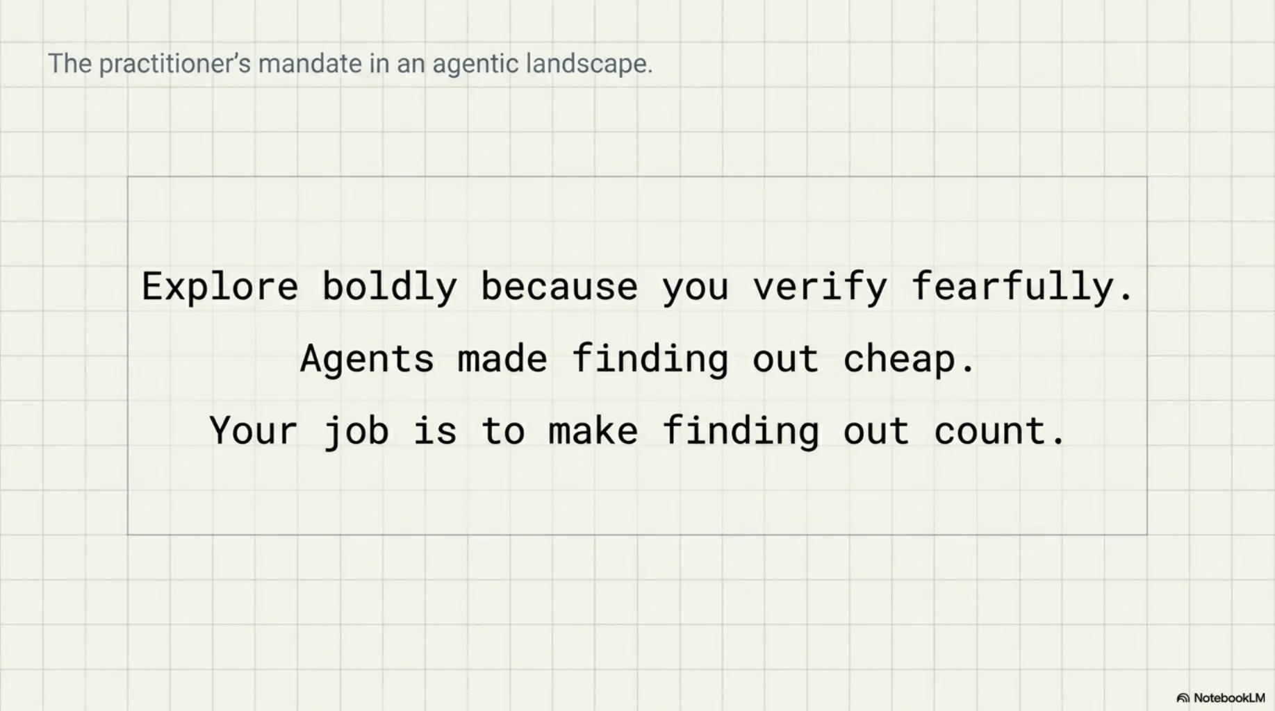 The practitioner's mandate in an agentic landscape. Three lines on a plain grid: explore boldly because you verify fearfully. Agents made finding out cheap. Your job is to make finding out count.