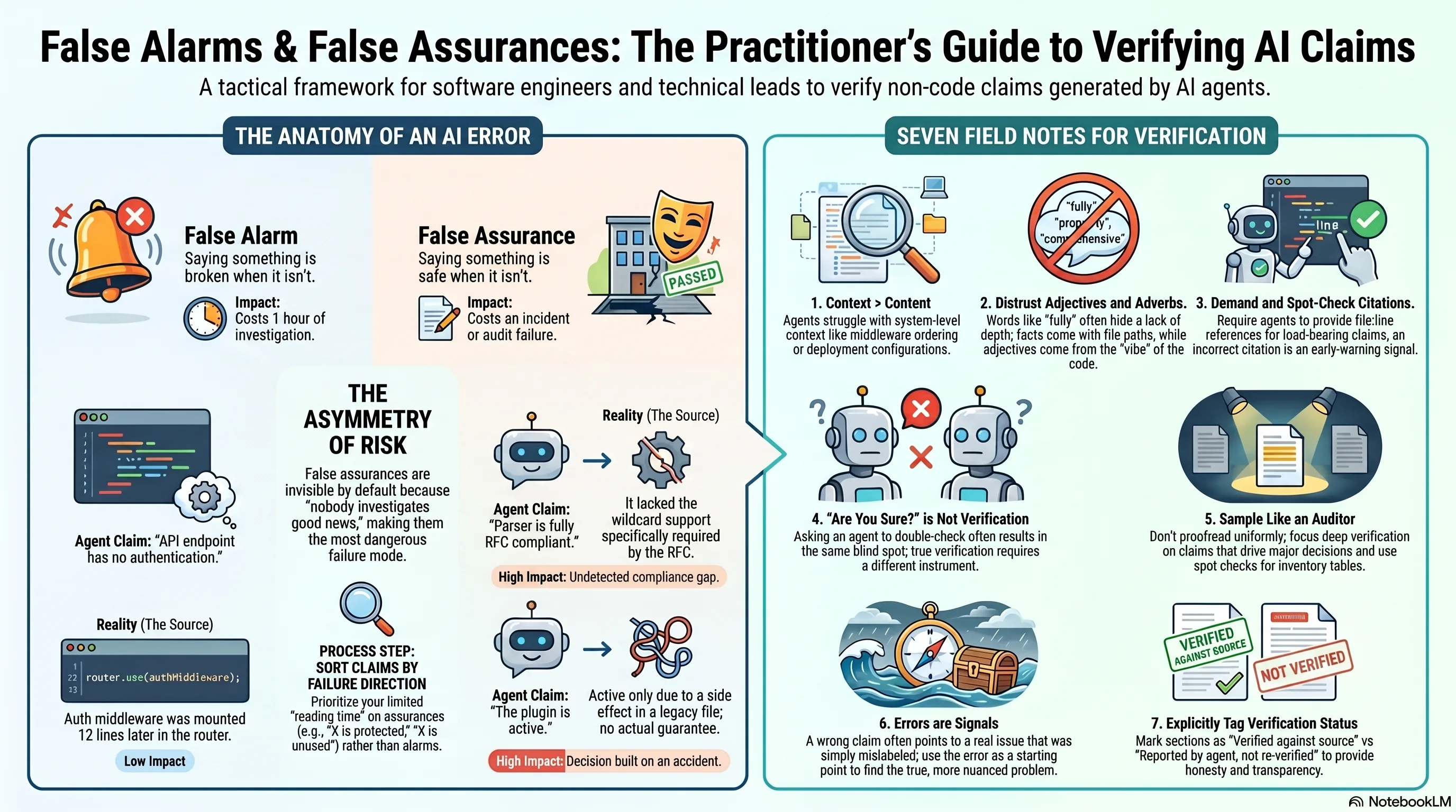 False Alarms and False Assurances: the practitioner's guide to verifying AI claims. An infographic covering the anatomy of an AI error (false alarm: saying something is broken when it isn't, costs an hour; false assurance: saying something is safe when it isn't, costs an incident or audit failure), the asymmetry of risk, the process step of sorting claims by failure direction, and seven field notes: context over content, distrust adjectives and adverbs, demand and spot-check citations, "are you sure?" is not verification, sample like an auditor, errors are signals, explicitly tag verification status.
