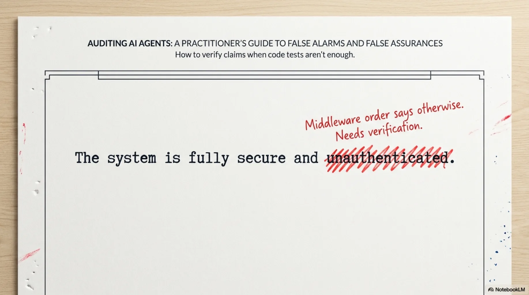 Auditing AI Agents: a practitioner's guide to false alarms and false assurances. A typewritten claim — "The system is fully secure and unauthenticated" — with "unauthenticated" struck through in red ink and the annotation: middleware order says otherwise, needs verification.