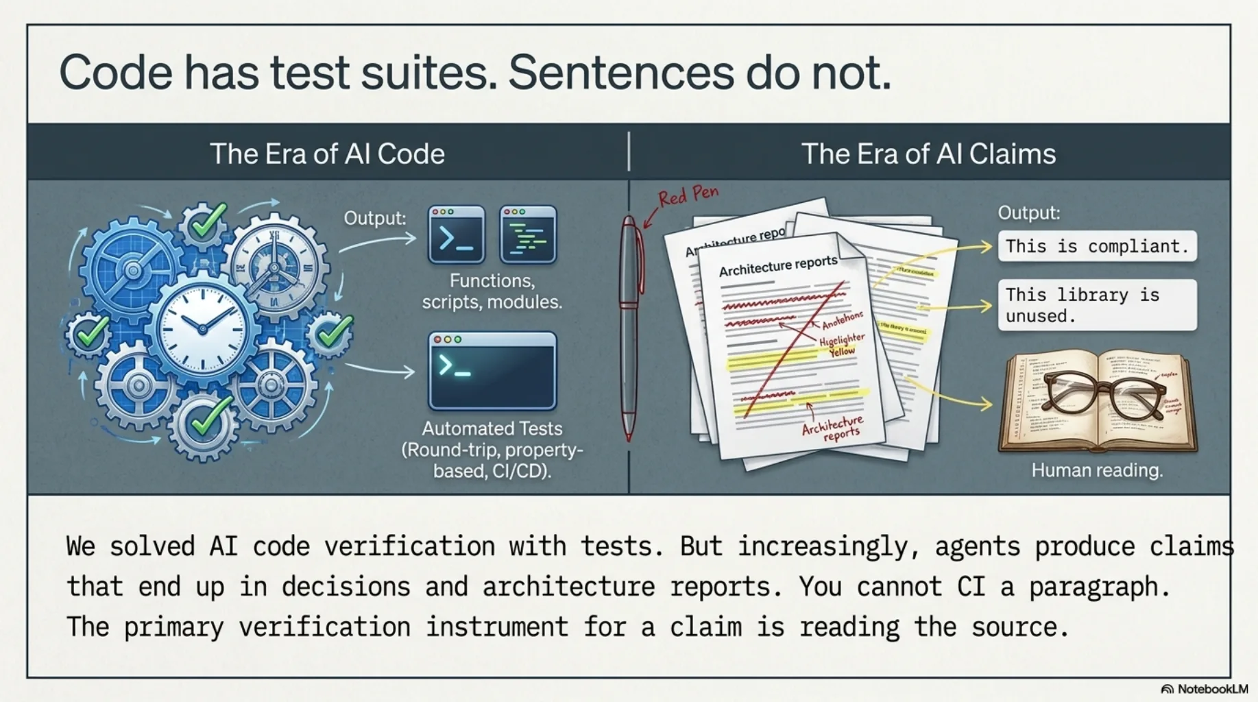 Code has test suites. Sentences do not. The era of AI code: functions, scripts, modules — verified by automated tests (round-trip, property-based, CI/CD). The era of AI claims: architecture reports marked up in red pen, outputs like "this is compliant" and "this library is unused" — verified by human reading.