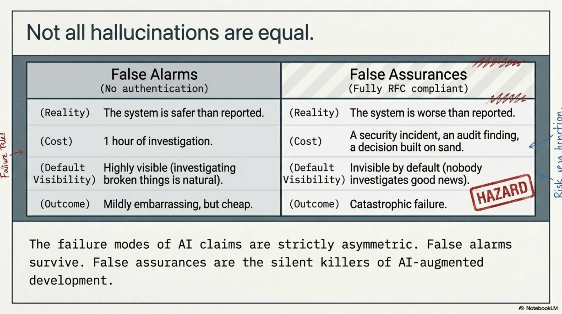 Not all hallucinations are equal. False alarms ("no authentication"): system is safer than reported, costs an hour of investigation, highly visible, mildly embarrassing but cheap. False assurances ("fully RFC compliant"): system is worse than reported, costs a security incident or audit finding, invisible by default — nobody investigates good news — catastrophic failure. The failure modes of AI claims are strictly asymmetric.
