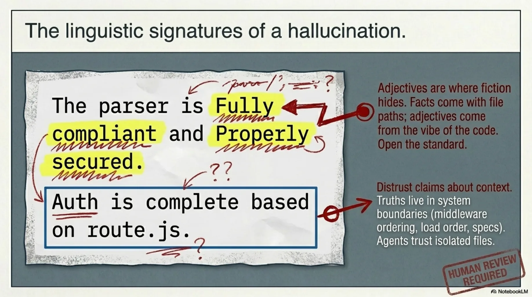 The linguistic signatures of a hallucination. A crumpled note reads "The parser is Fully compliant and Properly secured" with the adjectives highlighted and red-penned, and "Auth is complete based on route.js" boxed. Margin notes: adjectives are where fiction hides — facts come with file paths, adjectives come from the vibe of the code. Distrust claims about context: truths live in system boundaries (middleware ordering, load order, specs); agents trust isolated files.