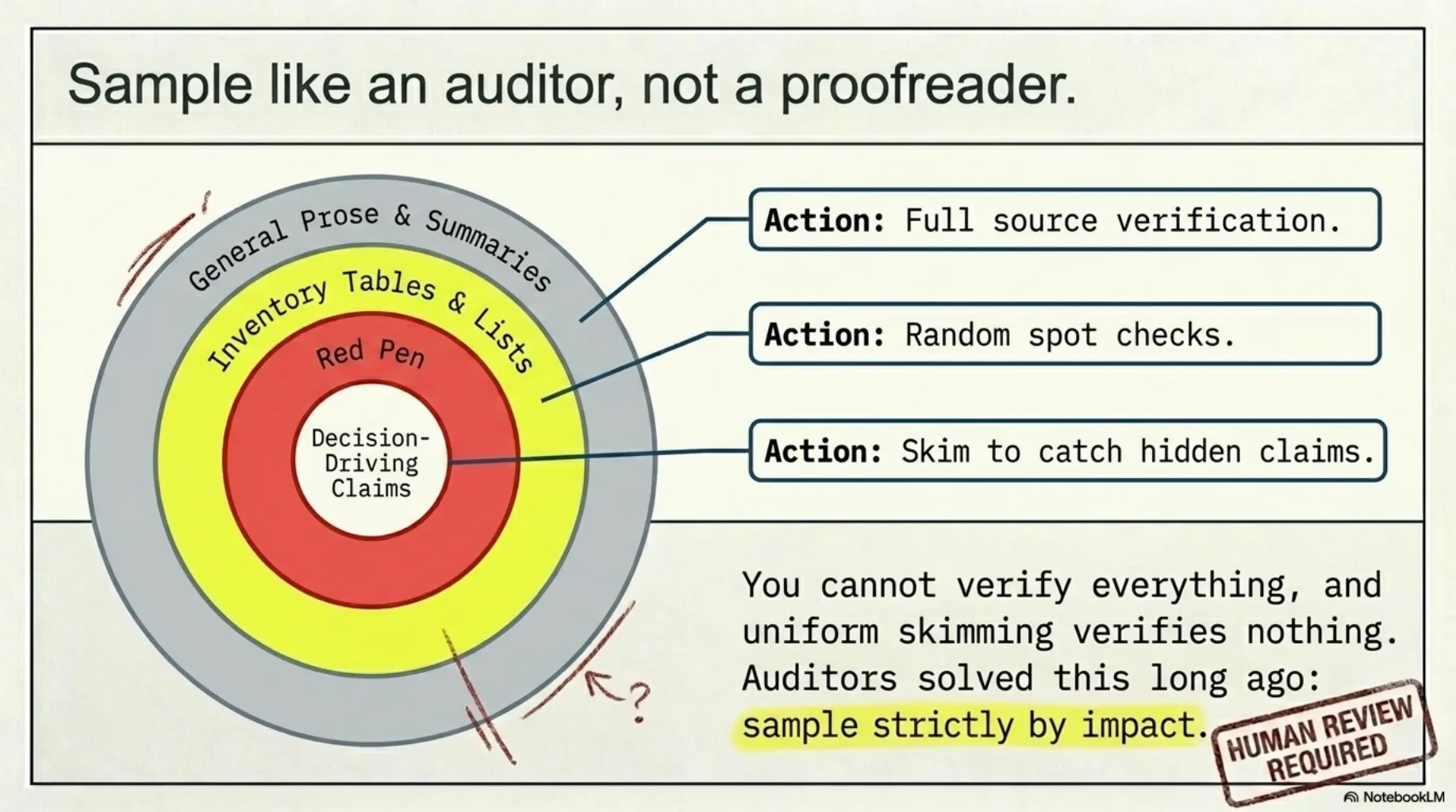 Sample like an auditor, not a proofreader. A target diagram: the bullseye is decision-driving claims — action: full source verification. The middle ring is inventory tables and lists — action: random spot checks. The outer ring is general prose and summaries — action: skim to catch hidden claims. Sample strictly by impact.
