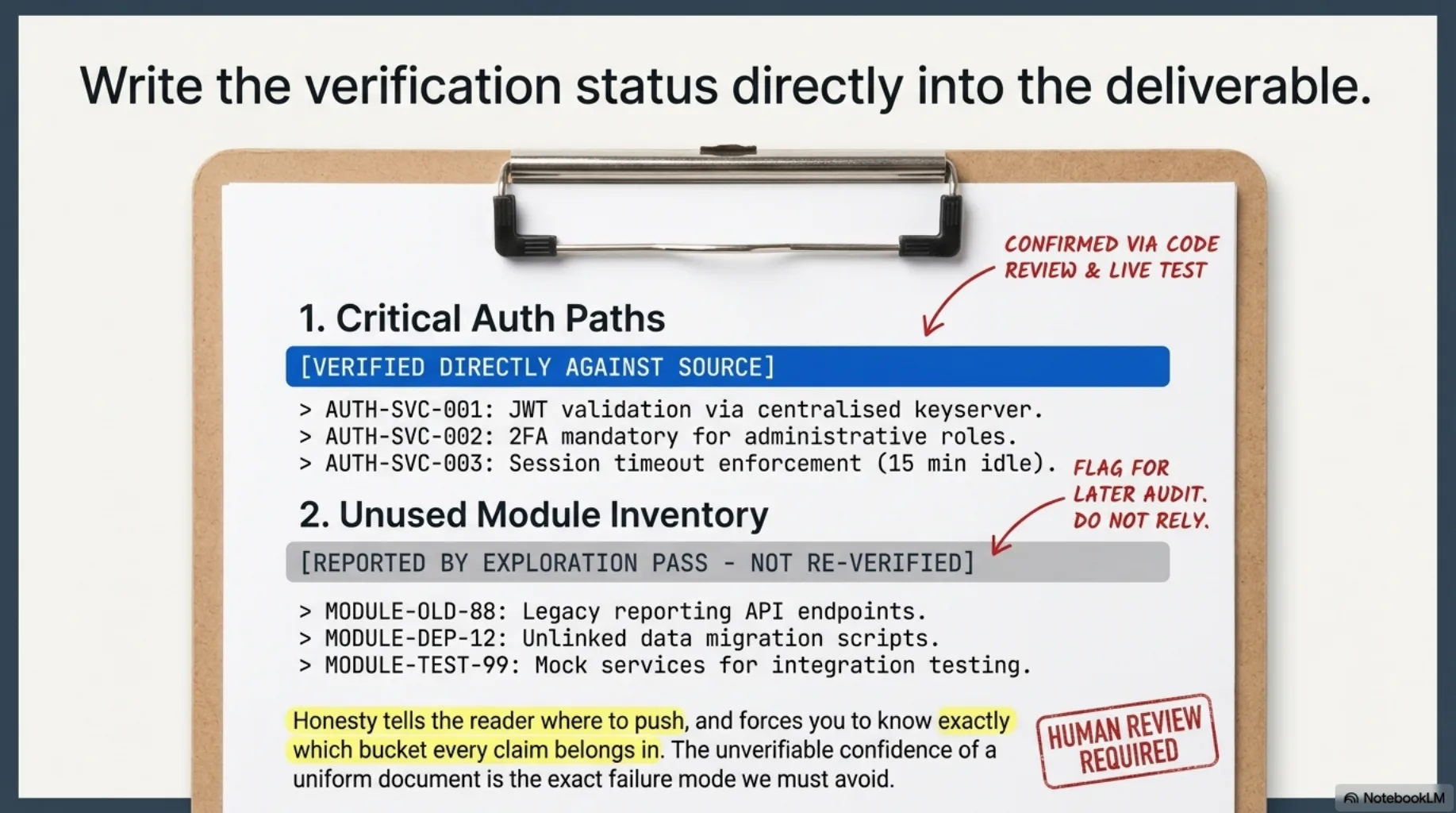 Write the verification status directly into the deliverable. A clipboard report with two sections: Critical Auth Paths marked "verified directly against source — confirmed via code review and live test", and Unused Module Inventory marked "reported by exploration pass — not re-verified, flag for later audit, do not rely." Honesty tells the reader where to push, and forces you to know exactly which bucket every claim belongs in.