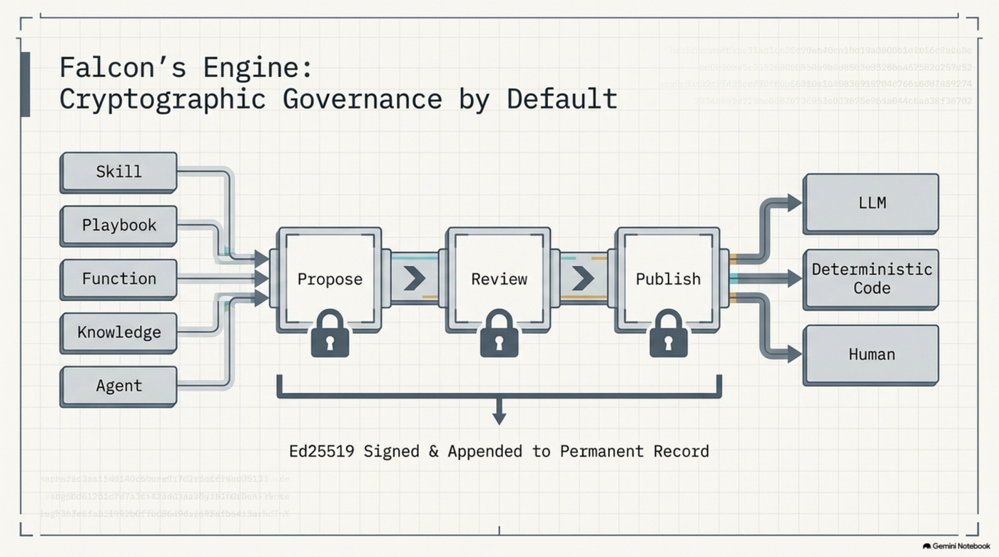 Falcon's engine: Skill, Playbook, Function, and Knowledge/Agent artifact types flowing through propose, review, and publish, each step Ed25519-signed, dispatching to an LLM, deterministic code, or a human