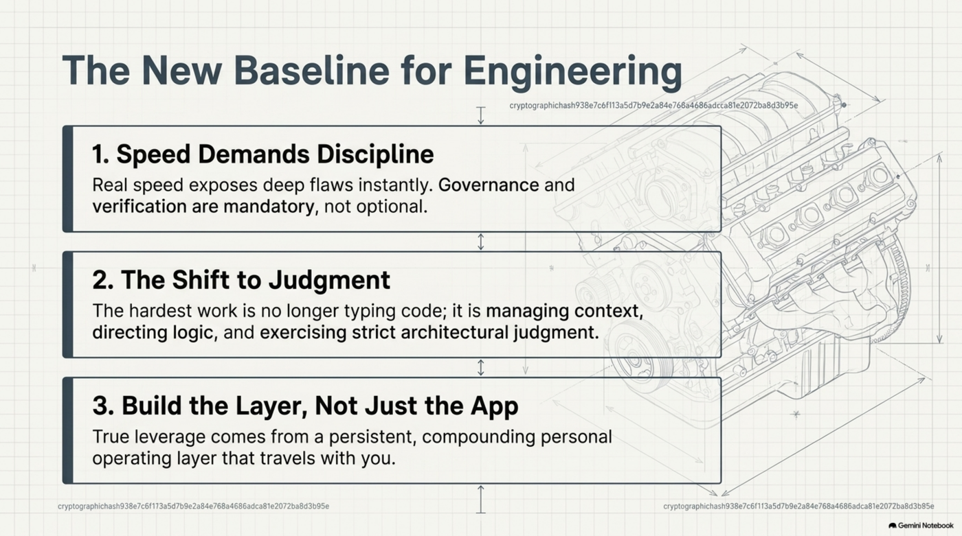 Three closing points: speed demands discipline, since real speed exposes deep flaws instantly and governance/verification are mandatory; the shift to judgment, since the hardest work is now managing context and exercising architectural judgment, not typing code; and build the layer, not just the app, since true leverage comes from a persistent, compounding personal operating layer that travels with you