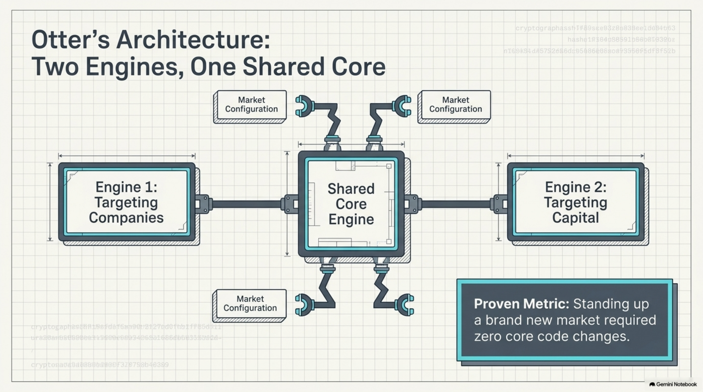 Otter's architecture: Engine 1 (targeting companies) and Engine 2 (targeting capital) both running on a shared core engine, driven entirely by market configuration, with zero core code changes needed to add a new market