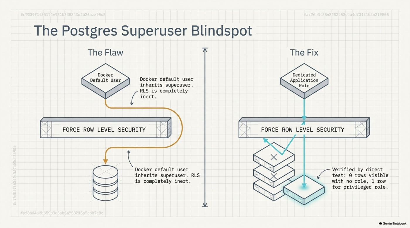 The Postgres superuser blindspot: the flaw, where a Docker default user inherits superuser and makes FORCE ROW LEVEL SECURITY inert, versus the fix, a dedicated application role verified by a direct test showing 0 rows for no role and exactly 1 row for the correctly privileged role