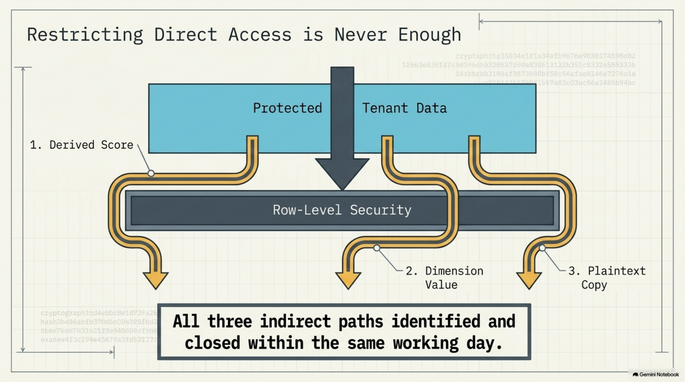 Three leak paths flowing out of the row-level-security-protected store despite direct access being restricted: a derived score, a 1:1-mapped dimension value, and a plaintext audit-log copy, all identified and closed within the same working day