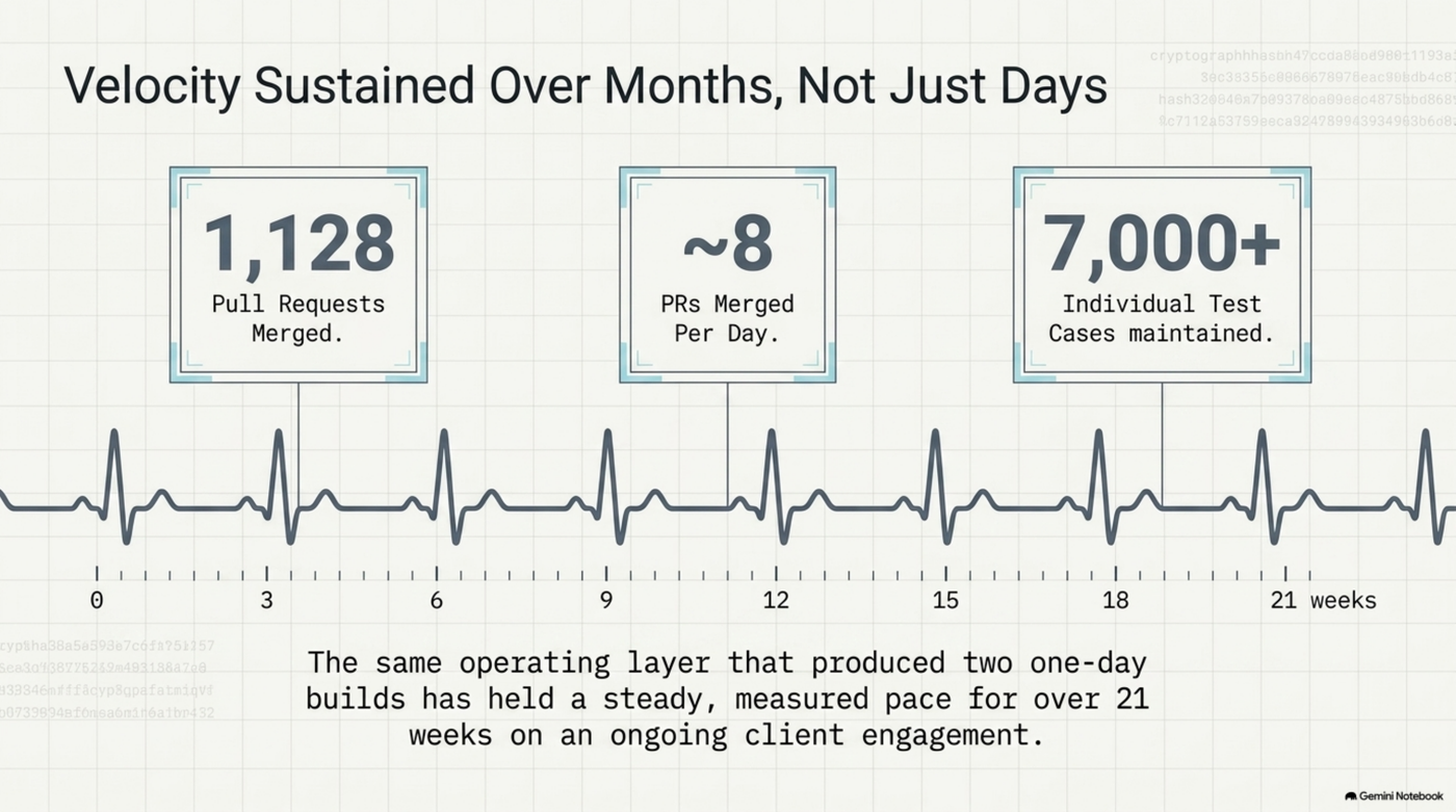 A steady heartbeat across 21 weeks marking 1,128 pull requests merged, roughly 8 per day, and 7,000+ individual test cases maintained, captioned: the same operating layer that produced two one-day builds has held a steady, measured pace for over 21 weeks on an ongoing client engagement